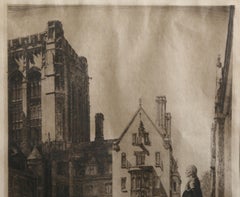 Bingham Hall y la estatua de Hale 1, grabado romántico de Samuel Chamberlain