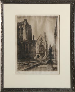 Bingham Hall y la estatua de Hale 1, grabado romántico de Samuel Chamberlain