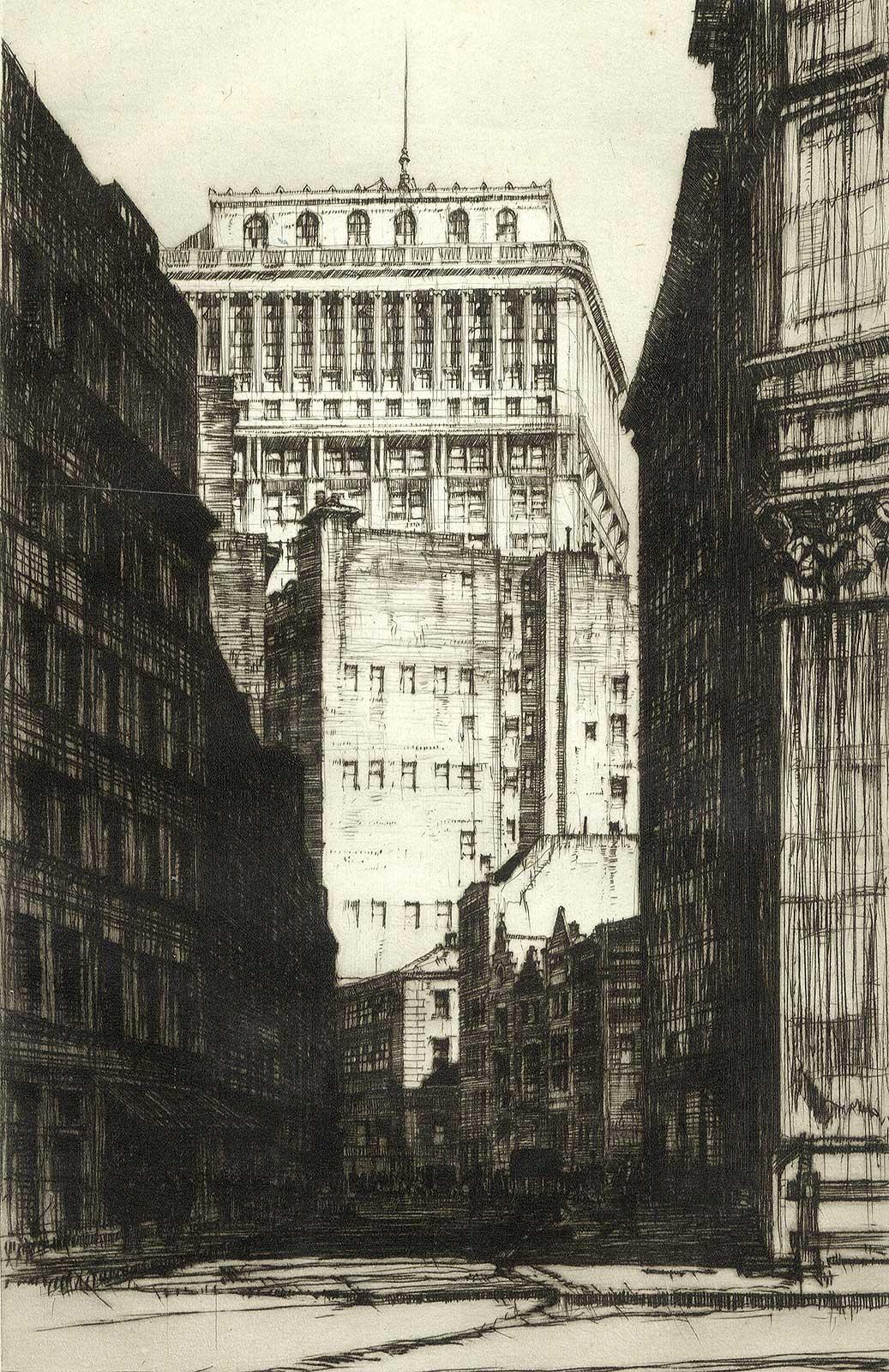Samuel Chamberlain Figurative Print - Curving Canyon, Manhattan (the NYC skyline)