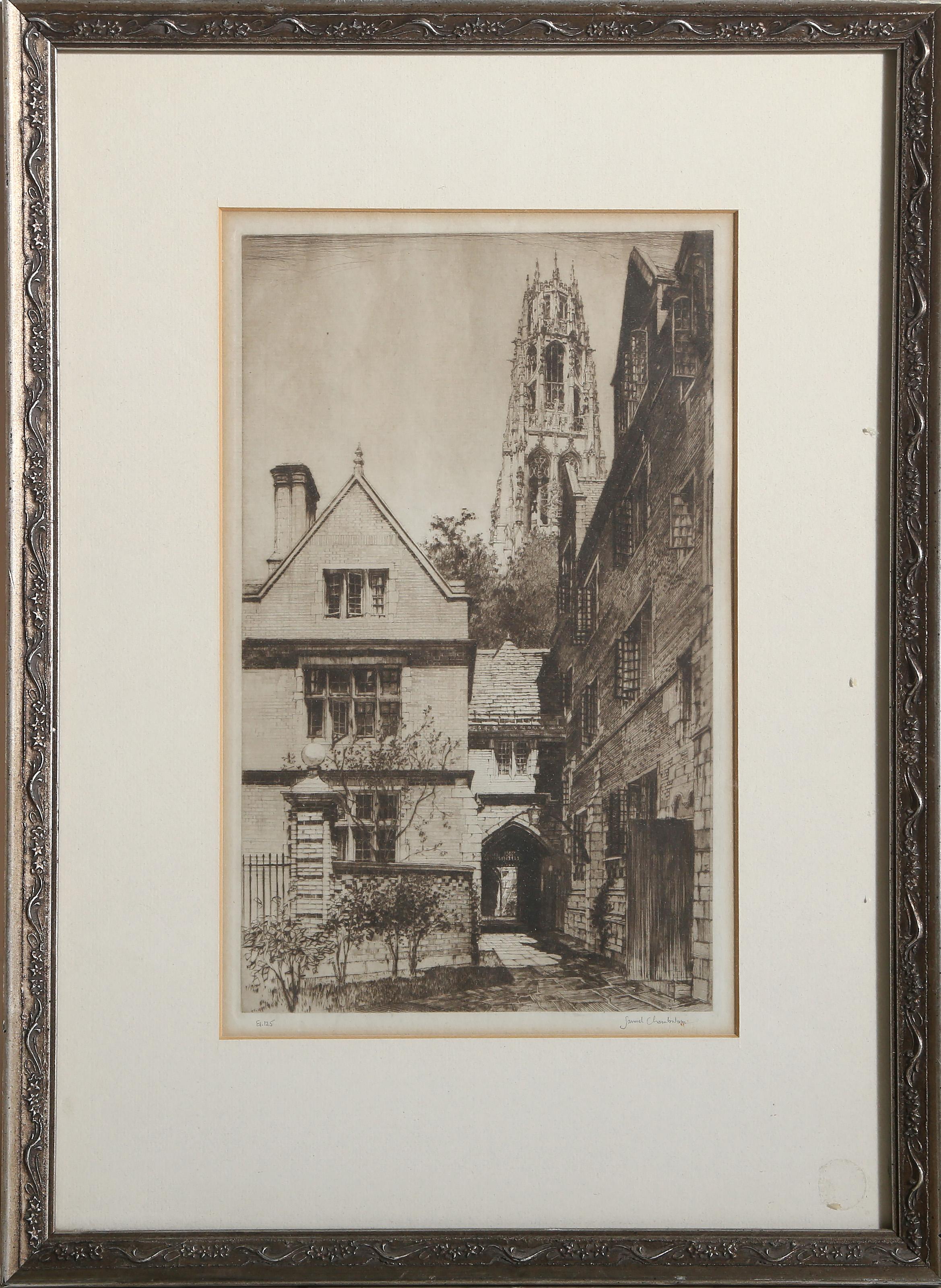 Samuel Chamberlain, American (1895 - 1975) - Jonathan Edwards College, Portfolio:  Twelve Etchings of Yale, Year:  1933, Medium:  Etching, signed and numbered in pencil, Edition:  125, Image Size:  11.5 x 7 inches, Frame Size:  19 x 14 inches,