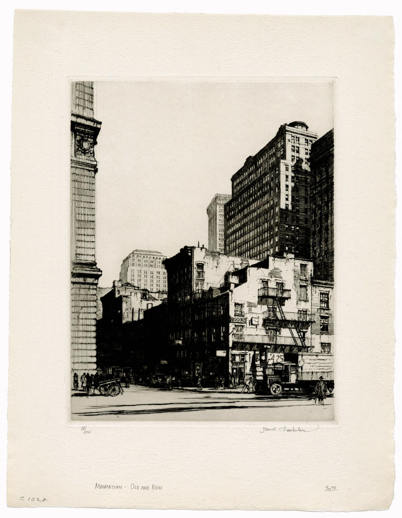 'Manhattan Old and New' —1920s Realism, Cityscape - Print by Samuel Chamberlain