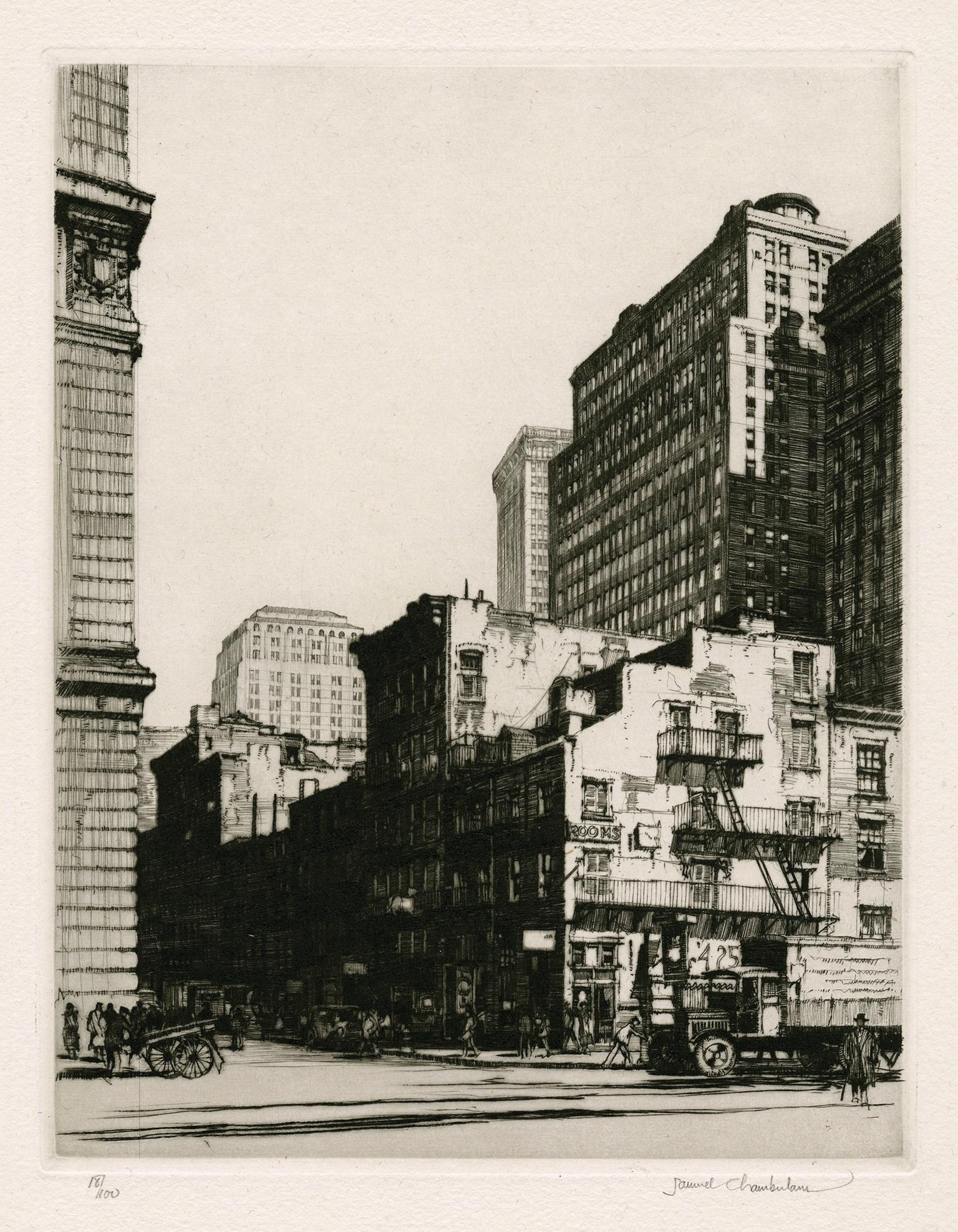Samuel Chamberlain Landscape Print – Manhattan alt und neu" - Realismus der 1920er Jahre, Stadtbild