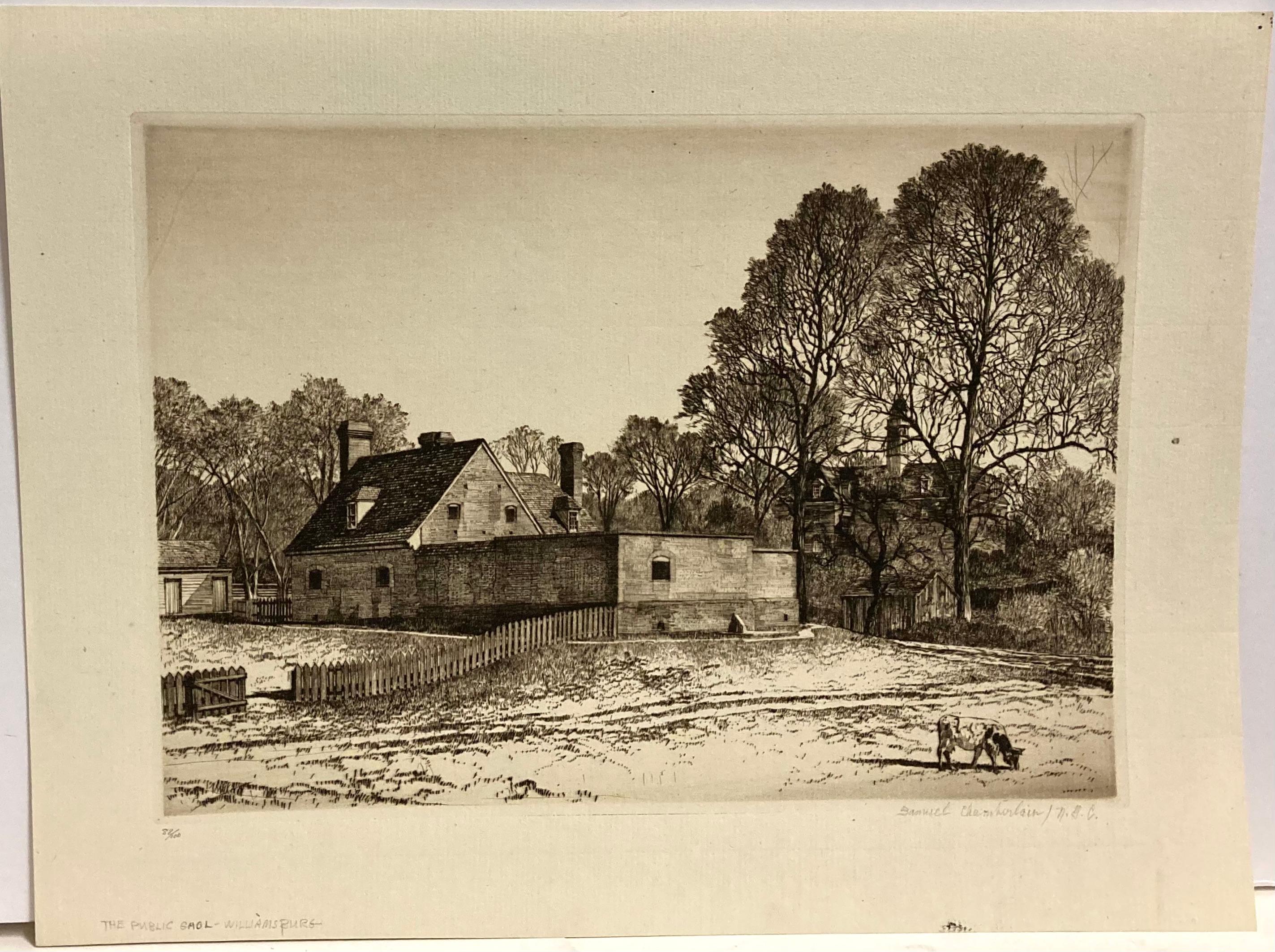 Samuel Chamberlain was a superb draftsman and his architectural images are often very complex. This image is, by contrast, quiet and understated: serene to the point of lonely. It's a view of the 'Gaol' in Virginia's Colonial Williamsburg. More than