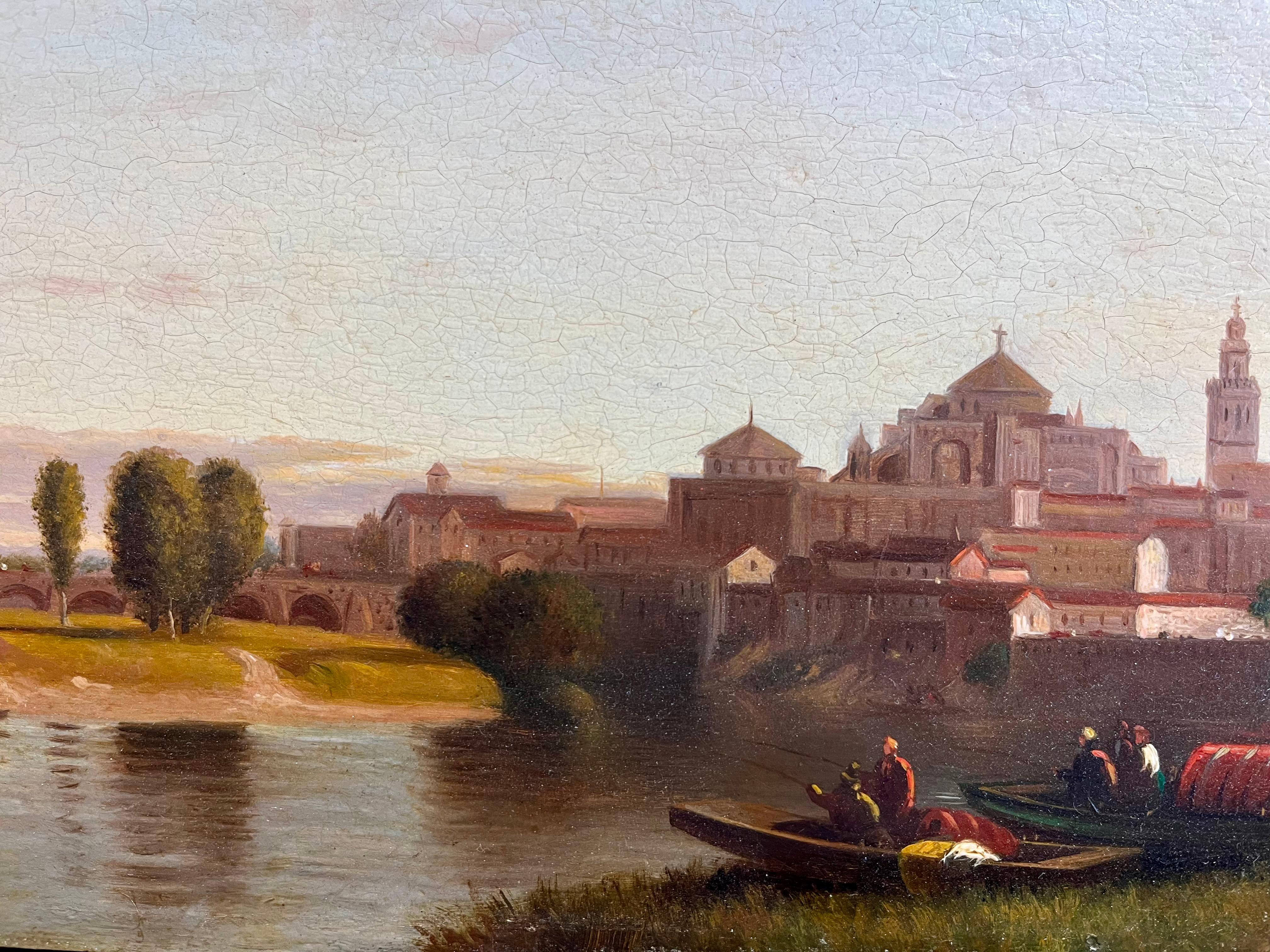 Fishing Along the Meder River at the edge of Vic, Spain - Beige Landscape Painting by Samuel Coleman