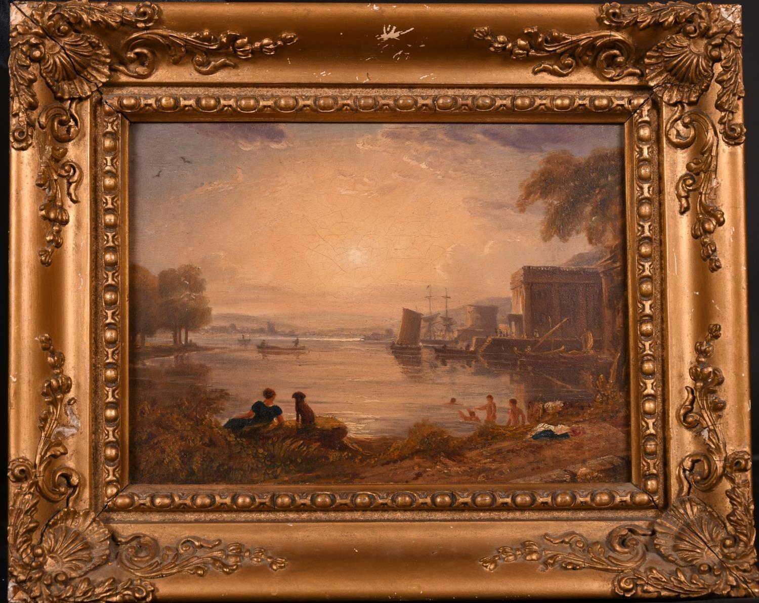 19th CENTURY ENGLISH OIL PAINTING - BATHERS CLASSICAL PORT LANDSCAPE AT SUNSET - Painting by Samuel Colman