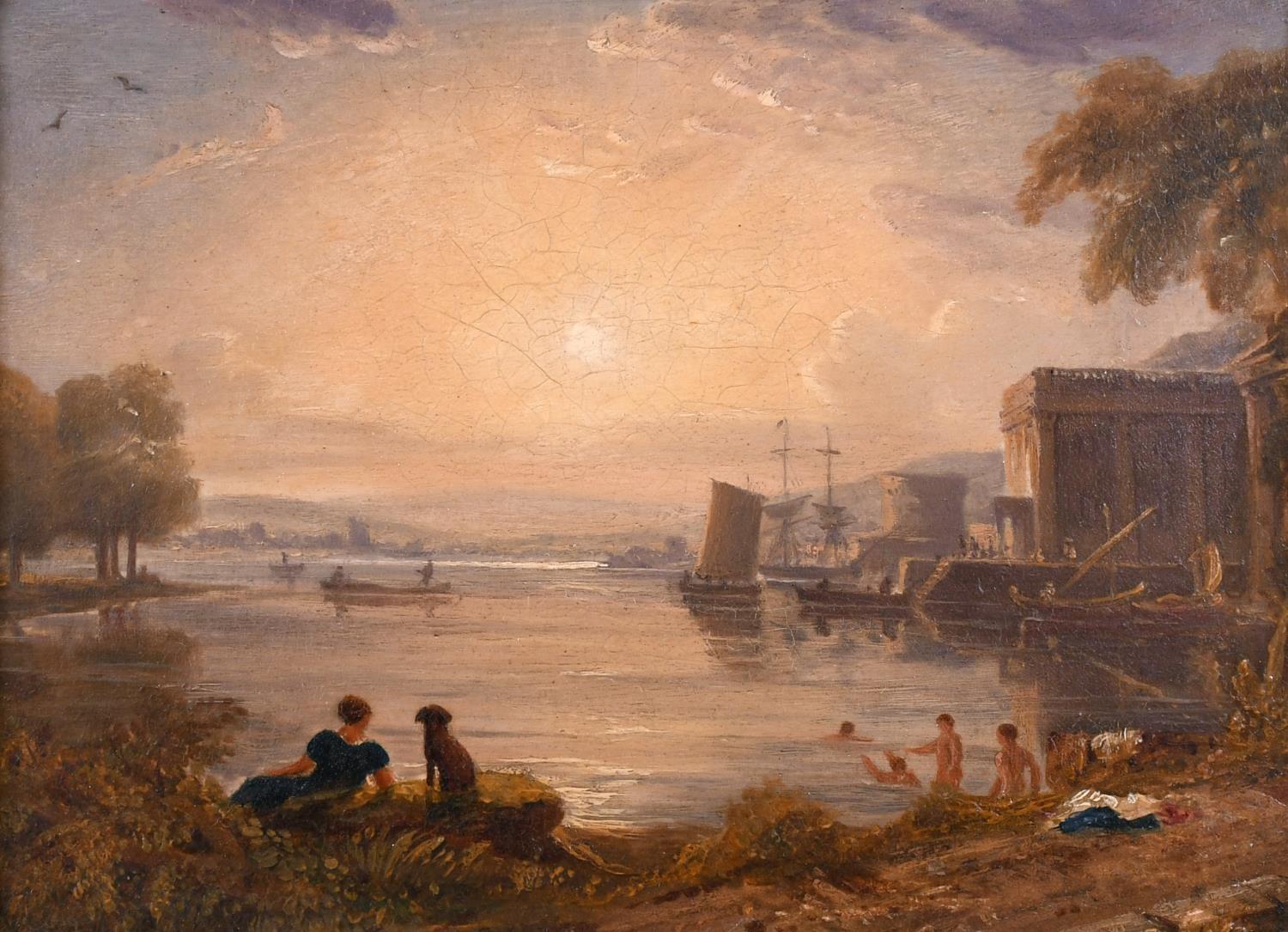 Samuel Colman Landscape Painting - 19th CENTURY ENGLISH OIL PAINTING - BATHERS CLASSICAL PORT LANDSCAPE AT SUNSET