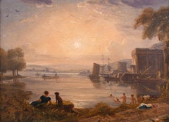 19th CENTURY ENGLISH OIL PAINTING - BATHERS CLASSICAL PORT LANDSCAPE AT SUNSET
