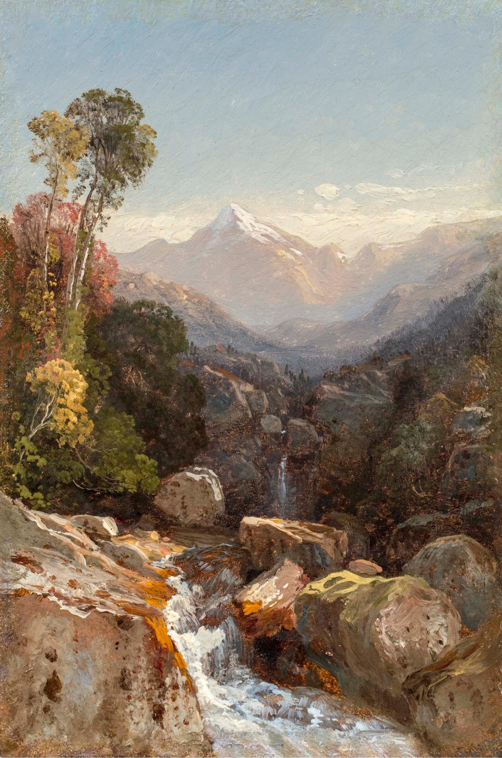 Samuel Colman (1832-1920)
In the White Mountains
Oil on panel
9 7/16 X 6 5/16 inches

In 1867, prominent critic Henry Tuckerman wrote that, “to the eye of refined taste, to the quiet lover of nature, there is a peculiar charm in Colman’s style