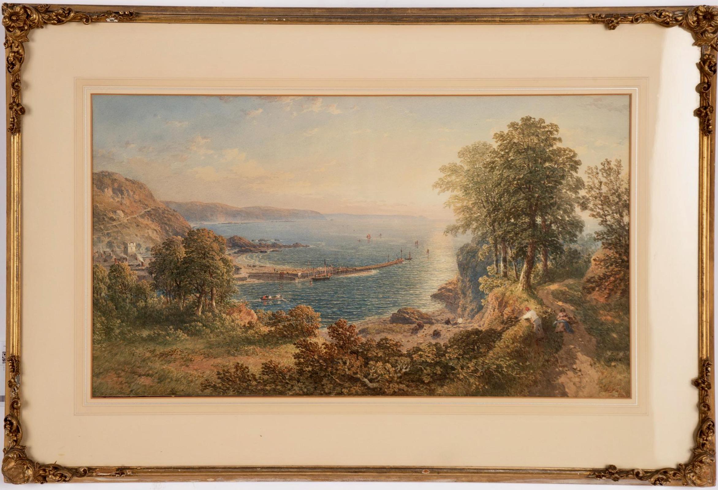 Vista della spiaggia e del porto di East Looe al tramonto - Painting di Samuel Cook