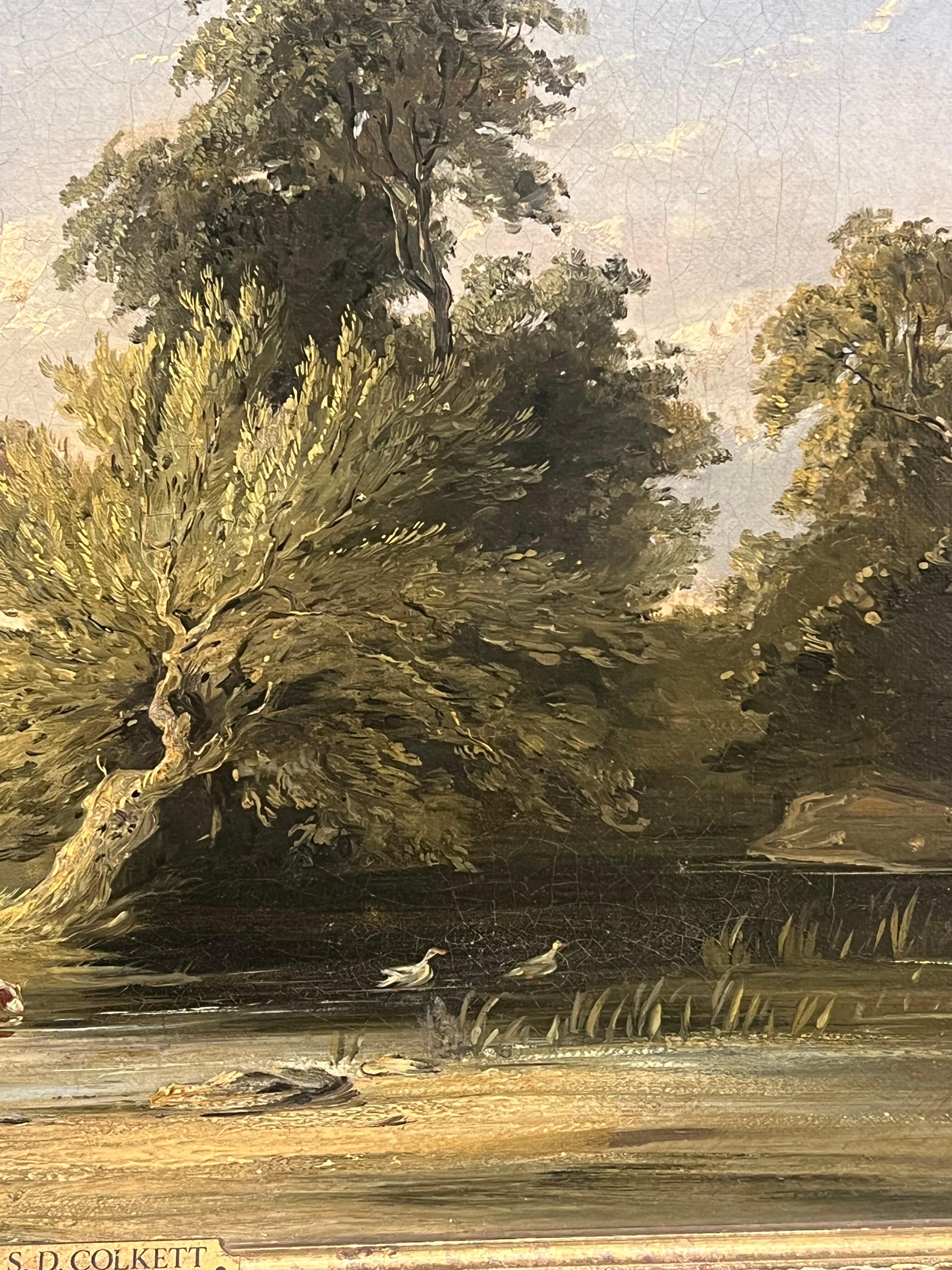 Raffinato dipinto a olio inglese del XIX secolo Mother & Child at Cottage by the Brook (Madre e figlio nel cottage vicino al ruscello) in vendita 5
