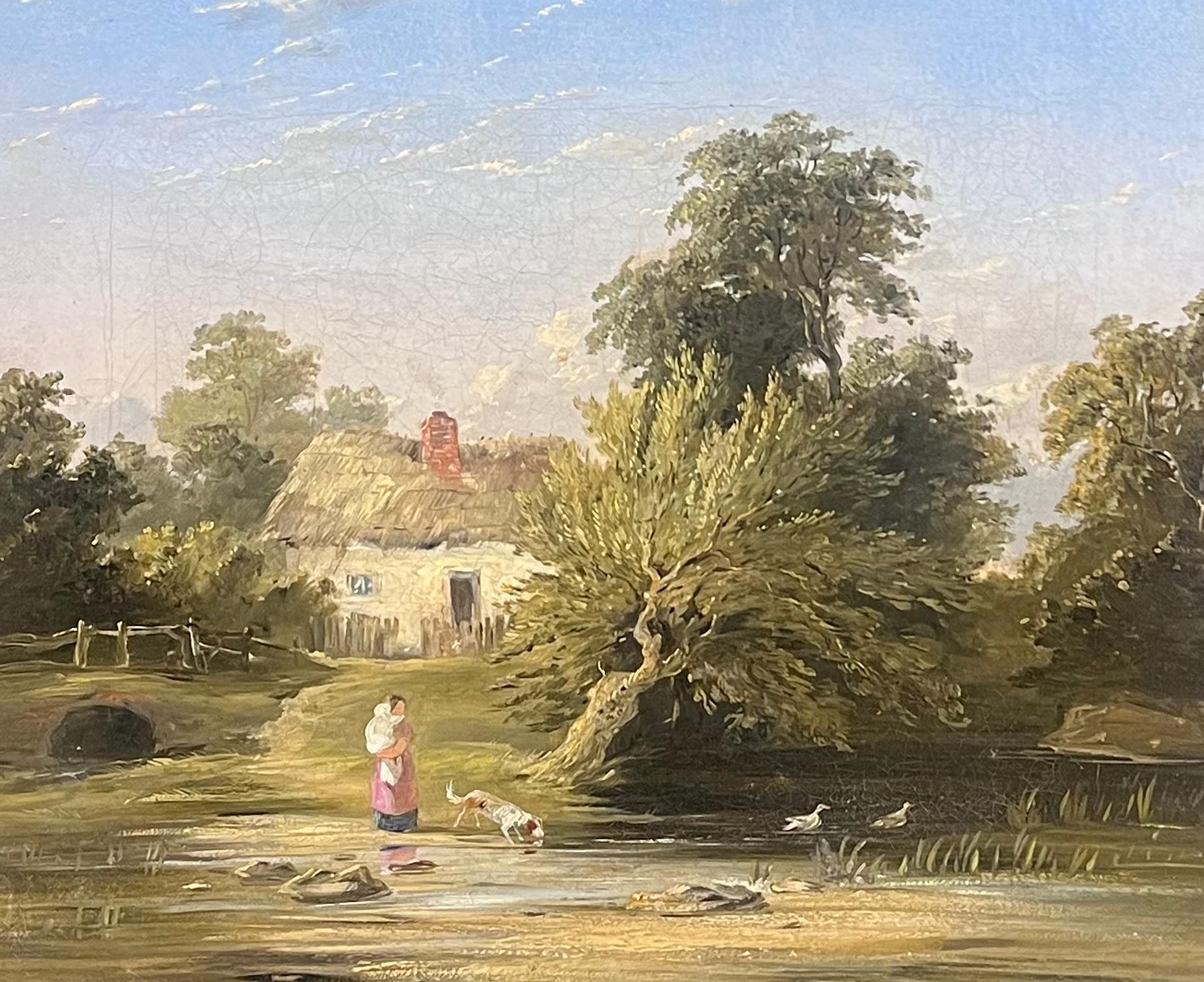 Raffinato dipinto a olio inglese del XIX secolo Mother & Child at Cottage by the Brook (Madre e figlio nel cottage vicino al ruscello) - Painting di Samuel David Colkett