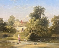 Fine 19th Century English Oil Painting Mother & Child at Cottage by the Brook