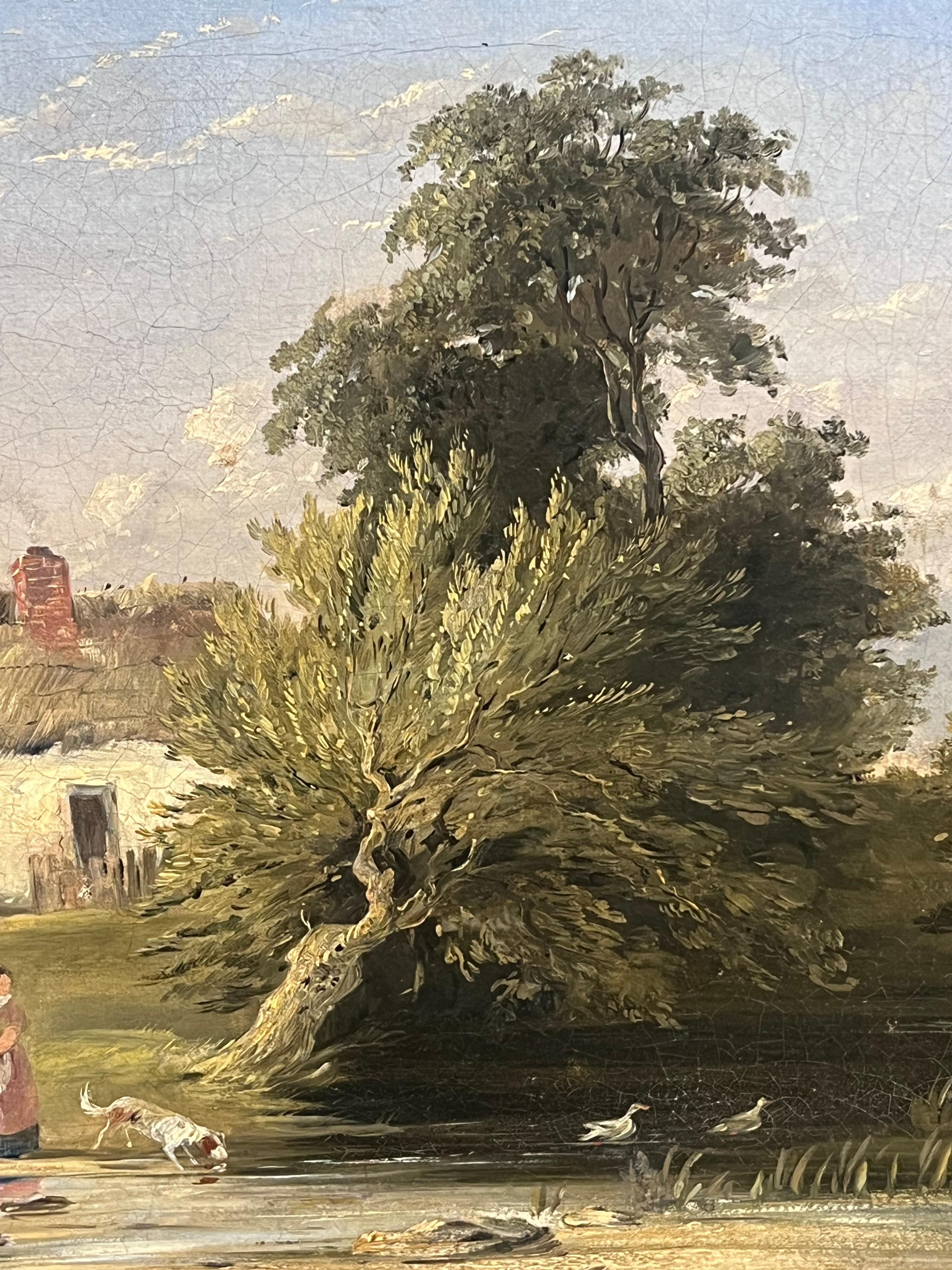 Raffinato dipinto a olio inglese del XIX secolo Mother & Child at Cottage by the Brook (Madre e figlio nel cottage vicino al ruscello) - Painting Vittoriano di Samuel David Colkett