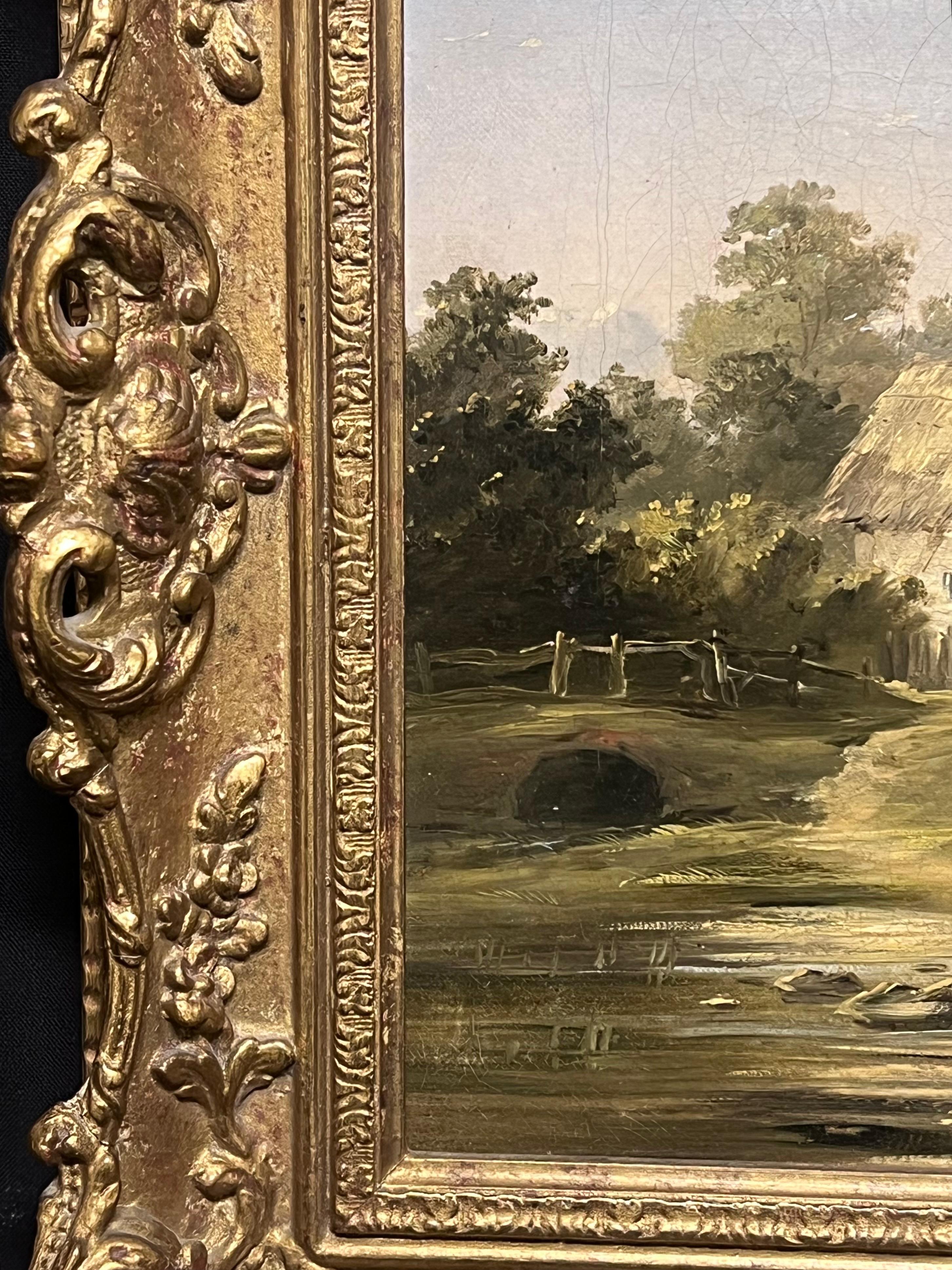 Raffinato dipinto a olio inglese del XIX secolo Mother & Child at Cottage by the Brook (Madre e figlio nel cottage vicino al ruscello) in vendita 1