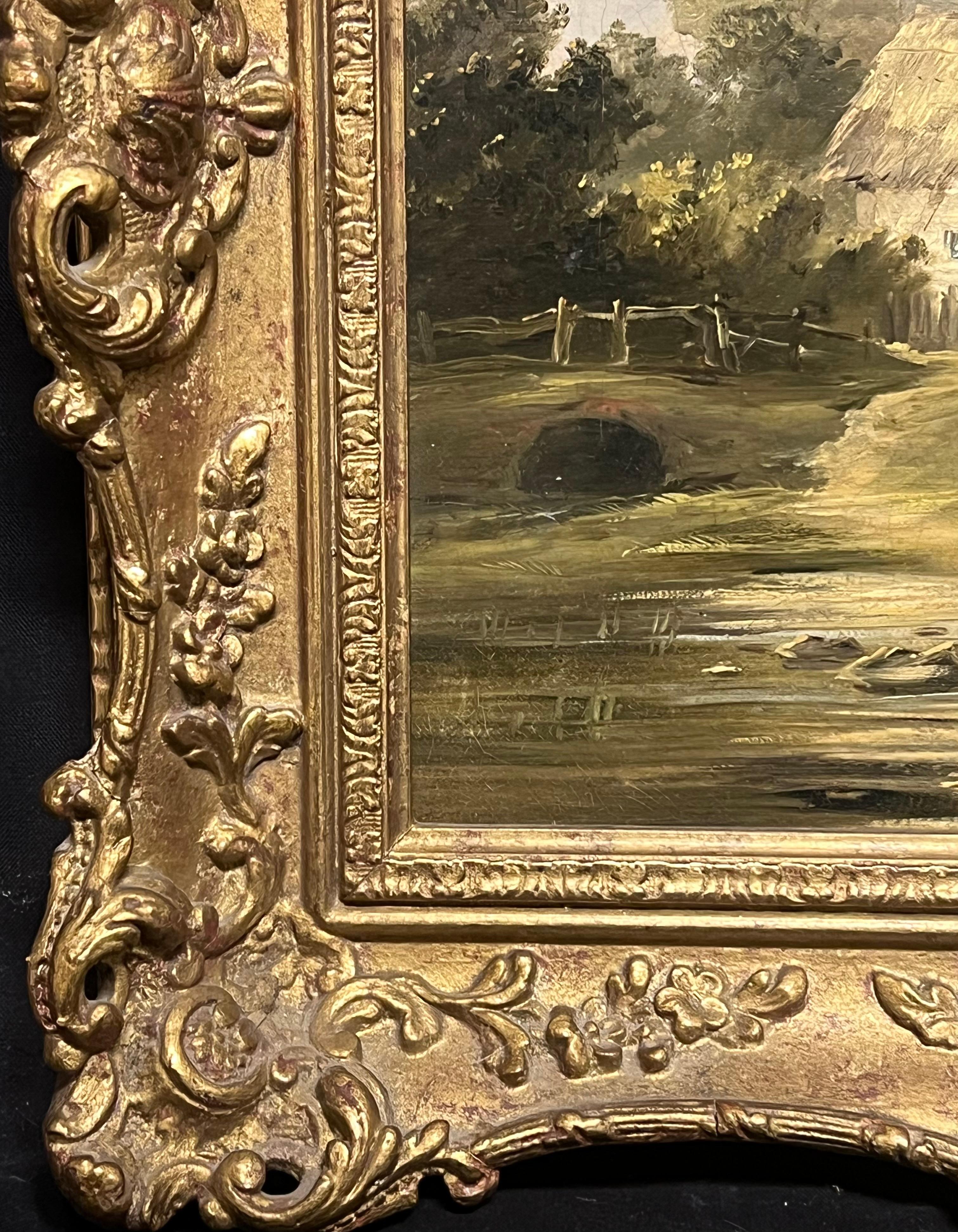 Raffinato dipinto a olio inglese del XIX secolo Mother & Child at Cottage by the Brook (Madre e figlio nel cottage vicino al ruscello) in vendita 2