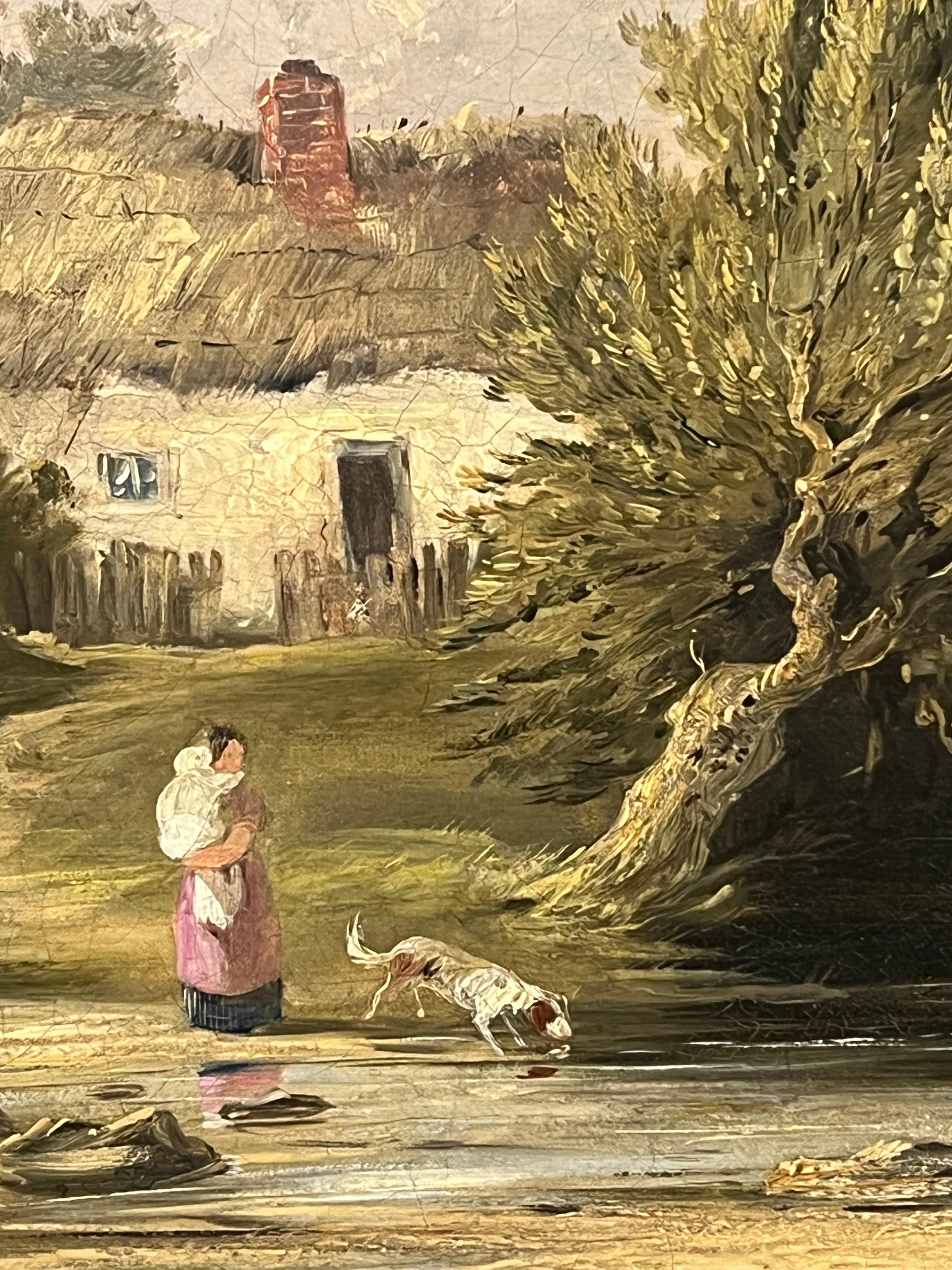 Raffinato dipinto a olio inglese del XIX secolo Mother & Child at Cottage by the Brook (Madre e figlio nel cottage vicino al ruscello) in vendita 3