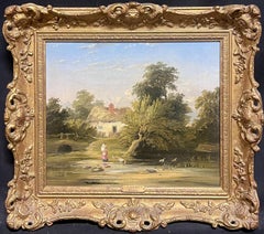 Fine 19th Century English Oil Painting Mother & Child at Cottage by the Brook