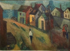 Peinture à l'huile du réalisme moderniste américain d'époque WPA, « Coast Village »