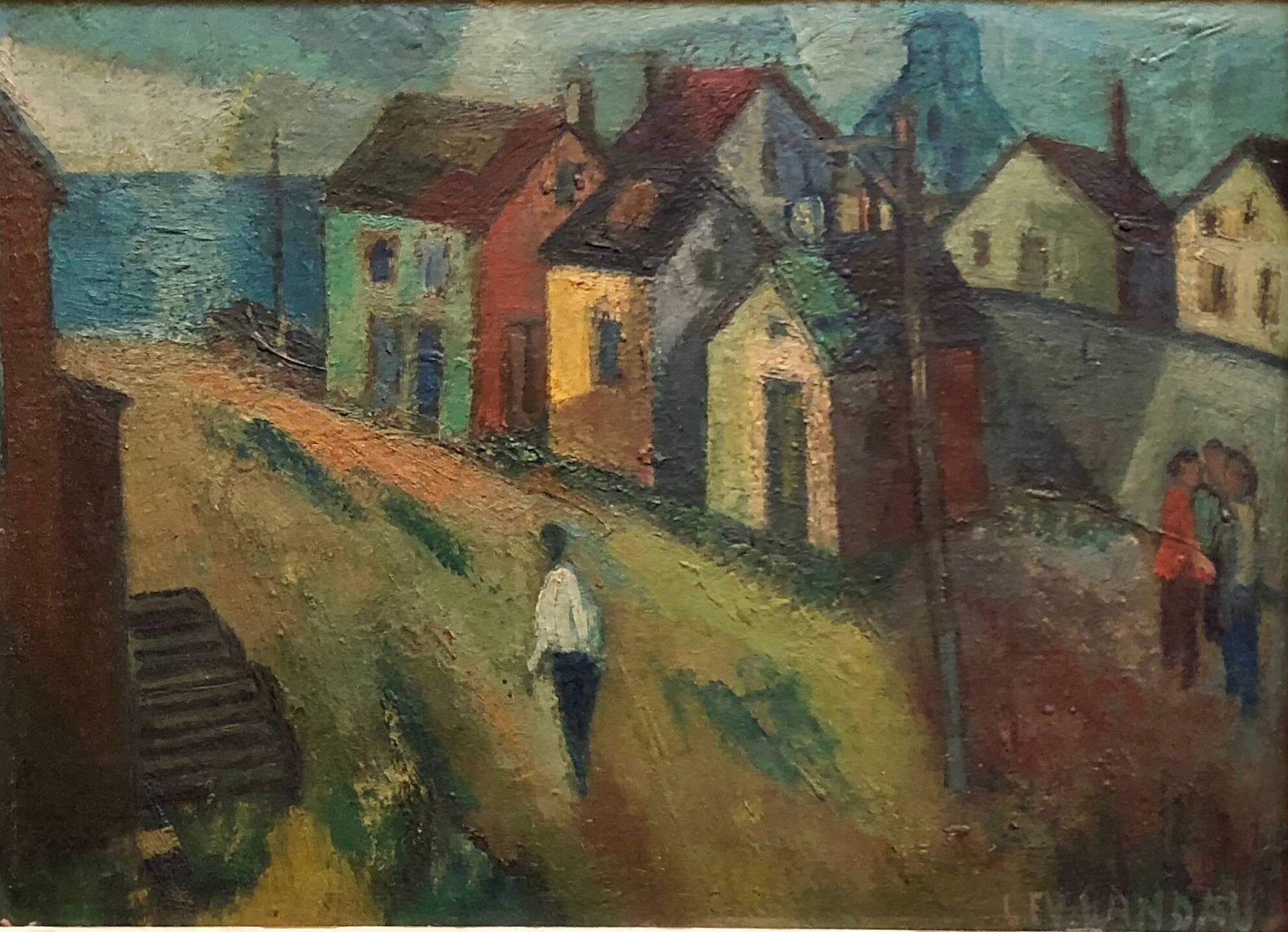 Peinture à l'huile réaliste moderniste américaine d'époque WPA « Coast Village » de Lev Landau