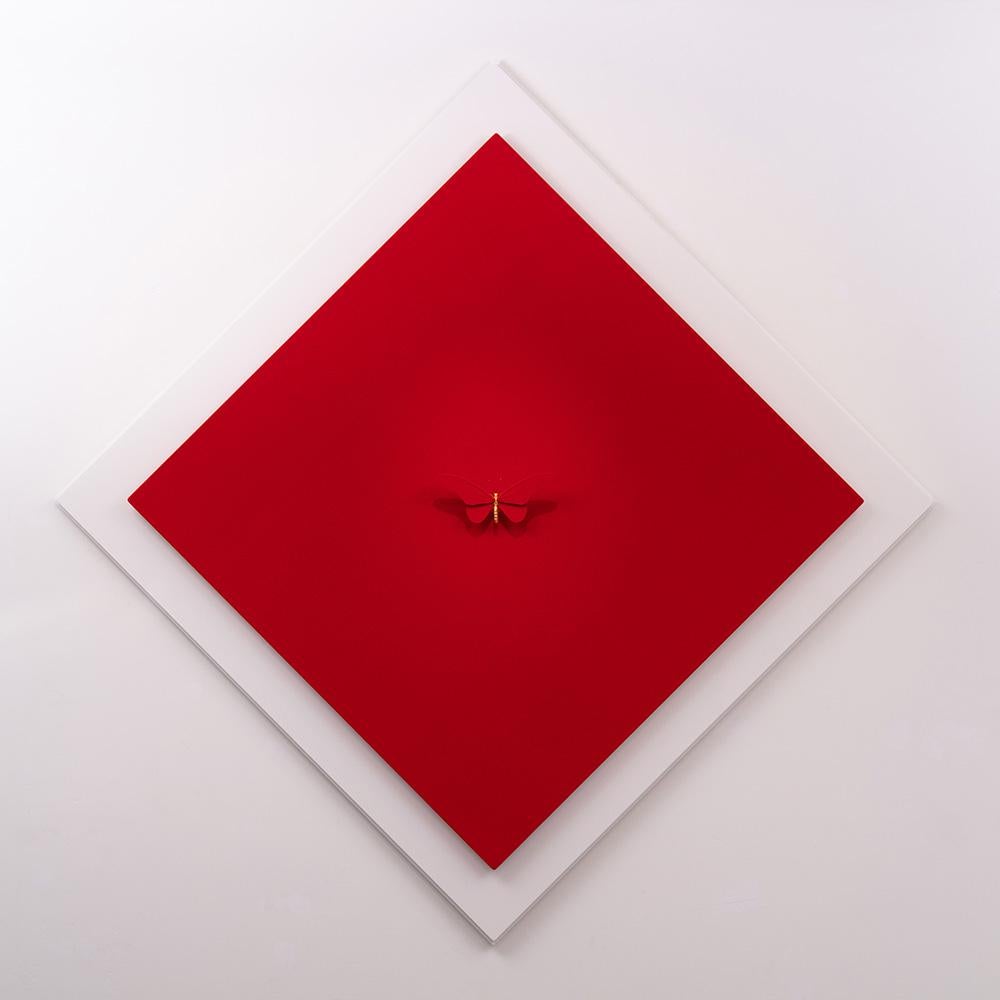 Samuel Dejong Figurative Painting - Anatomia Red I - 21st Century, Contemporary Figurative, Golden Butterflies