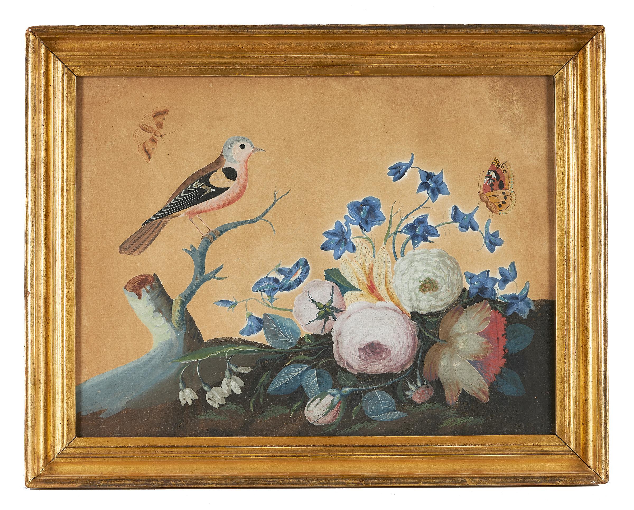 Samuel Dixon (Irish, 1669-1769), circa 1775, 'A Chaffinch with a Group of Glowers', from the basso relievo set 'Foreign and Domestick Birds', a tergo with fragmented label with dedication to 'the Countess of Meath', gouache on embossed paper, framed.