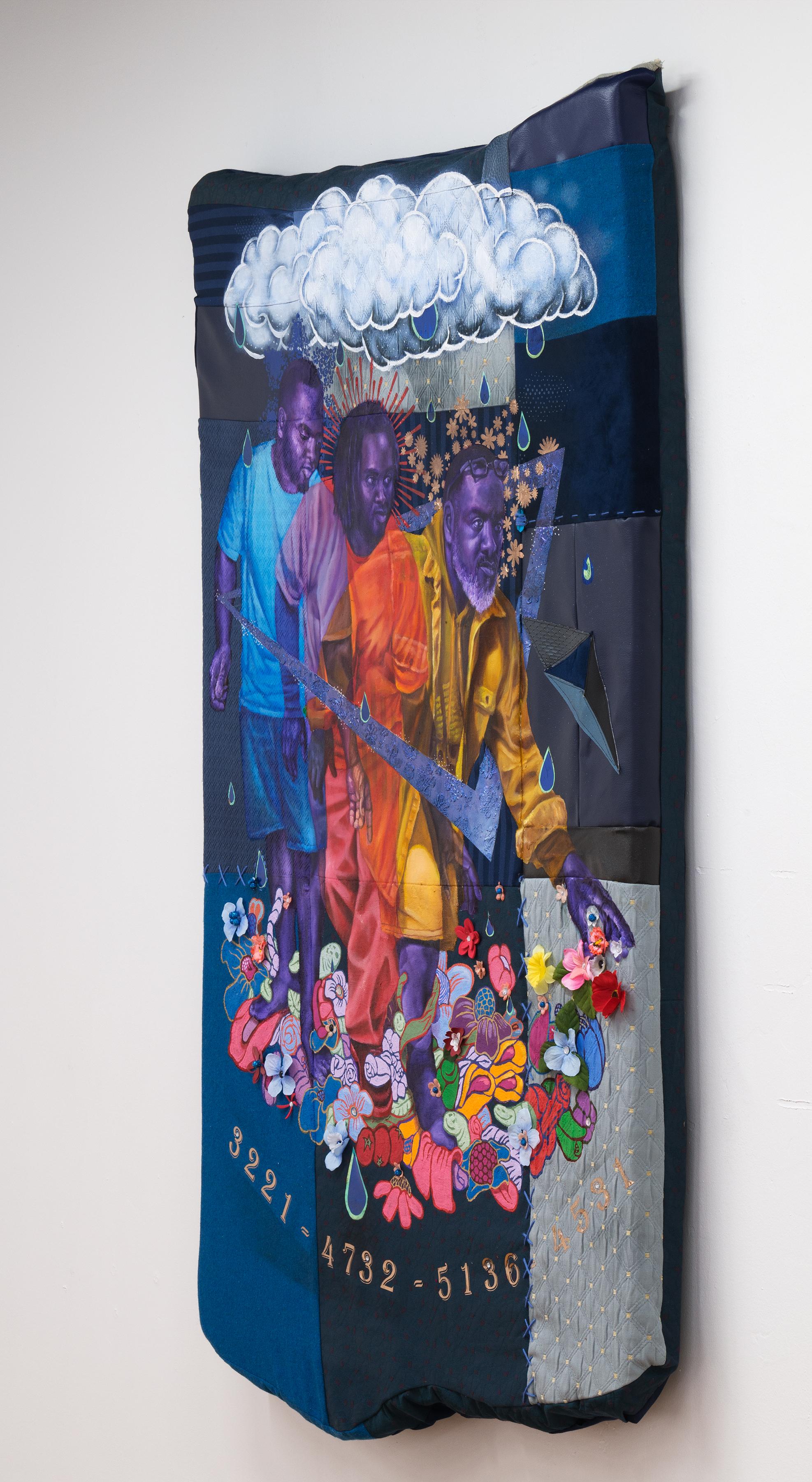 AFFIRMATIVE ACTION - Wall Hanging Sculpture w/ Oil Paint, Flowers & Vinyl  - Painting by Samuel Dunson
