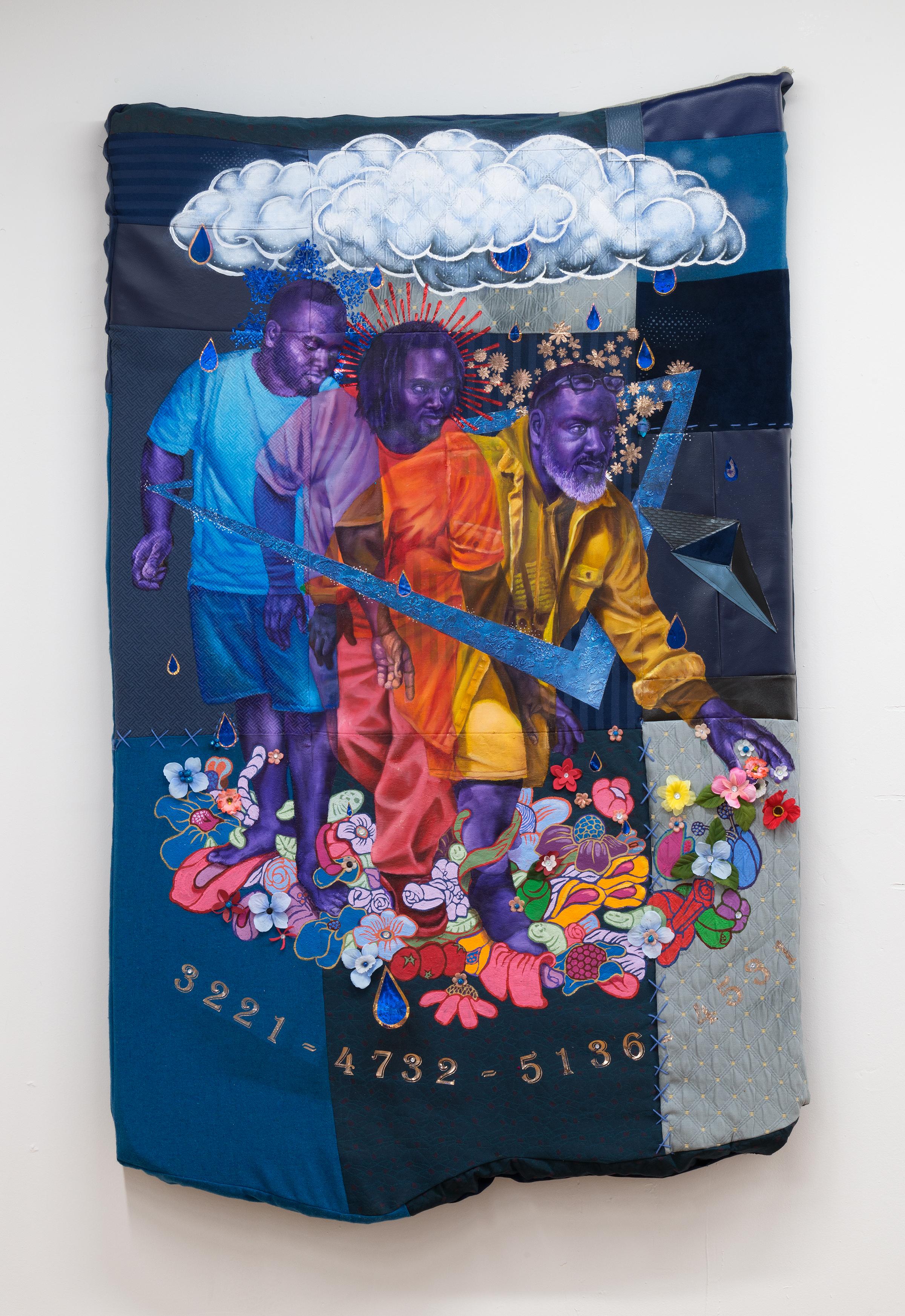 Samuel Dunson Figurative Painting - AFFIRMATIVE ACTION - Wall Hanging Sculpture w/ Oil Paint, Flowers & Vinyl 