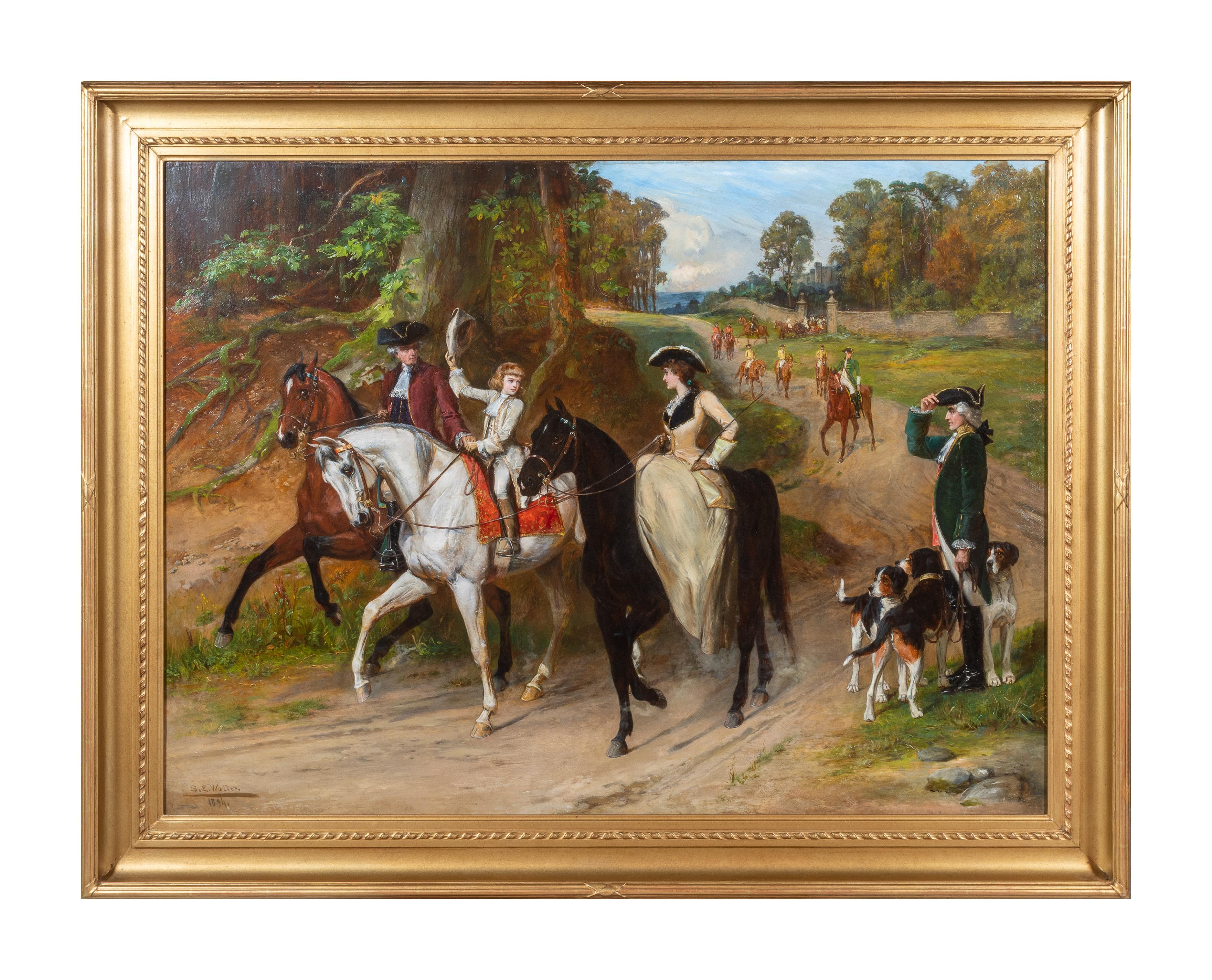 Figuratives Gemälde „A Gallant Salute“ aus dem 19. Jahrhundert mit königlichen, Pferden und Hunden – Painting von Samuel Edmond Waller