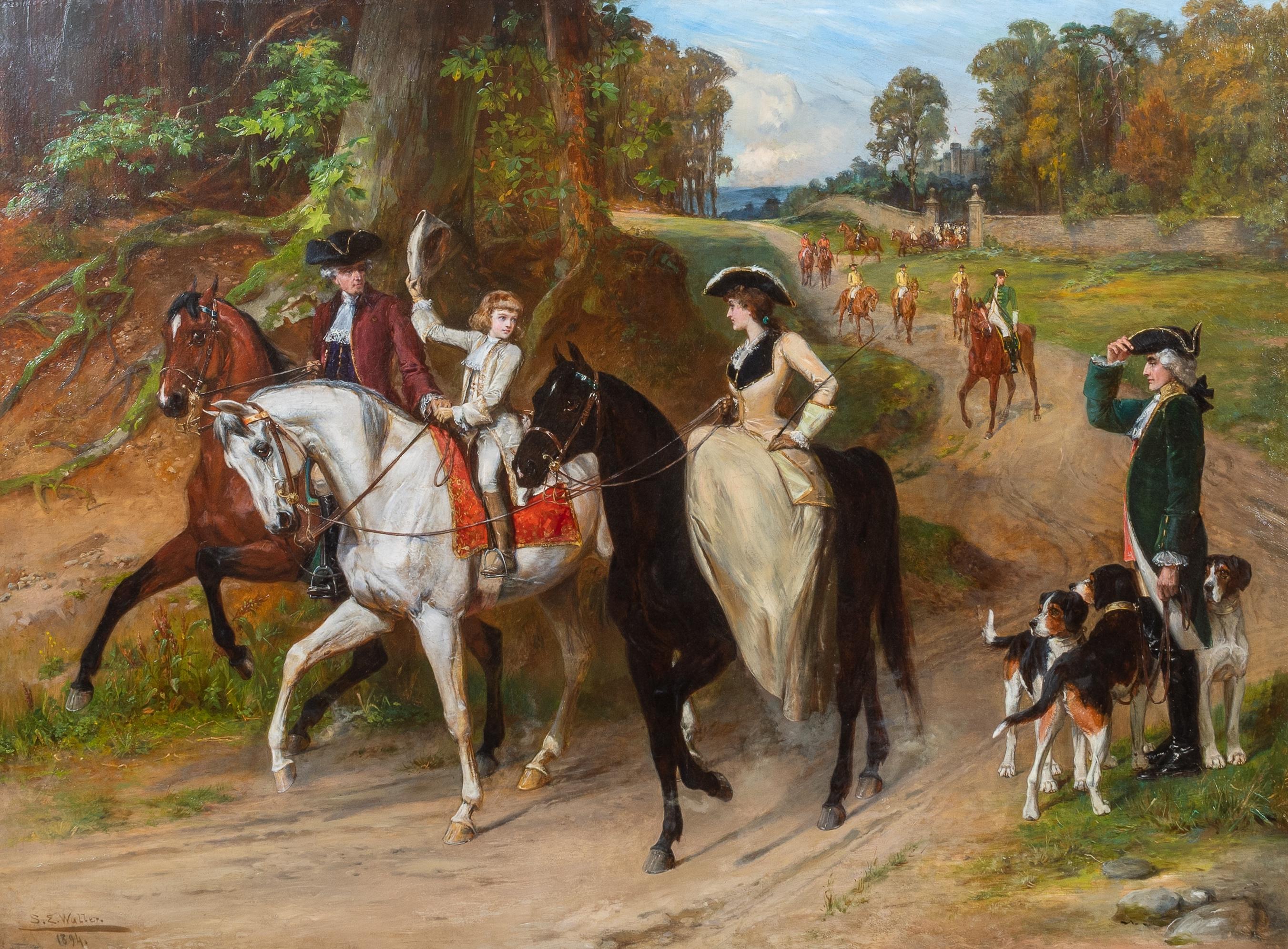 « A Gallant Salute », peinture figurative du 19e siècle représentant un roi, des chevaux et des chiens