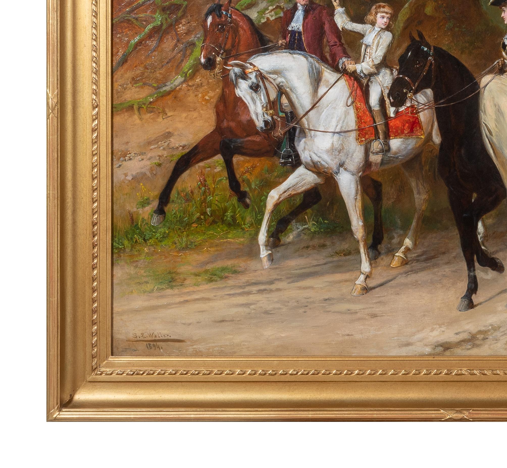 'A Gallant Salute' Figurative 19th Century painting of royalty, horses & hounds - Impressionist Painting by Samuel Edmond Waller