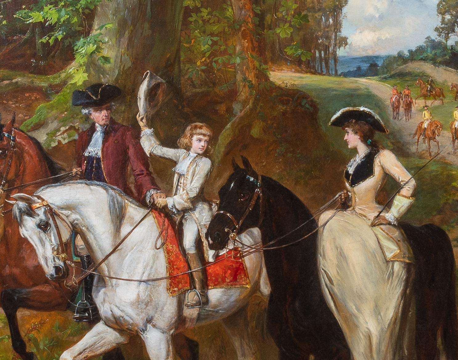 'A Gallant Salute' is an extremely impressive work by Samual Edmond Waller, signed and dated 1894.  Figurative 19th Century painting of three great noble royalty members dressed in period clothing riding out from their castle in the background.