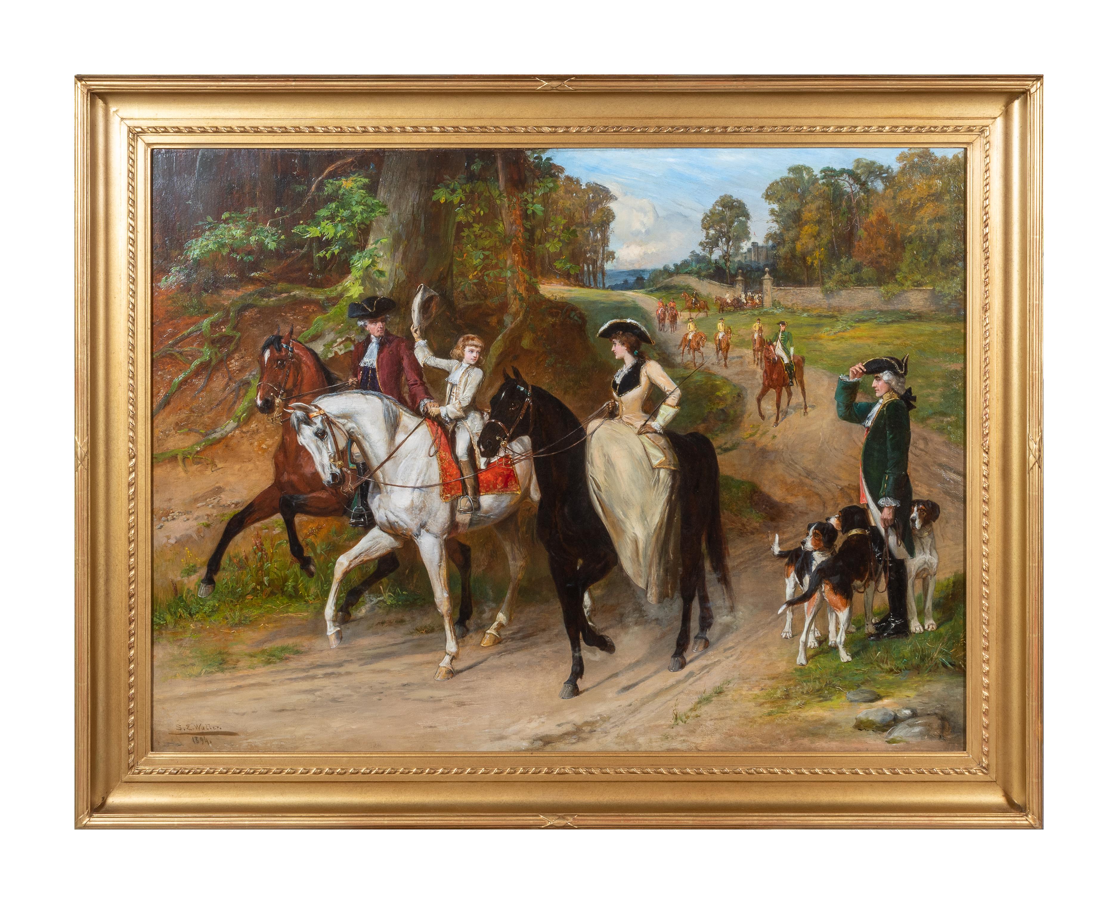 Landscape Painting Samuel Edmond Waller - « A Gallant Salute », peinture figurative du 19e siècle représentant un roi, des chevaux et des chiens