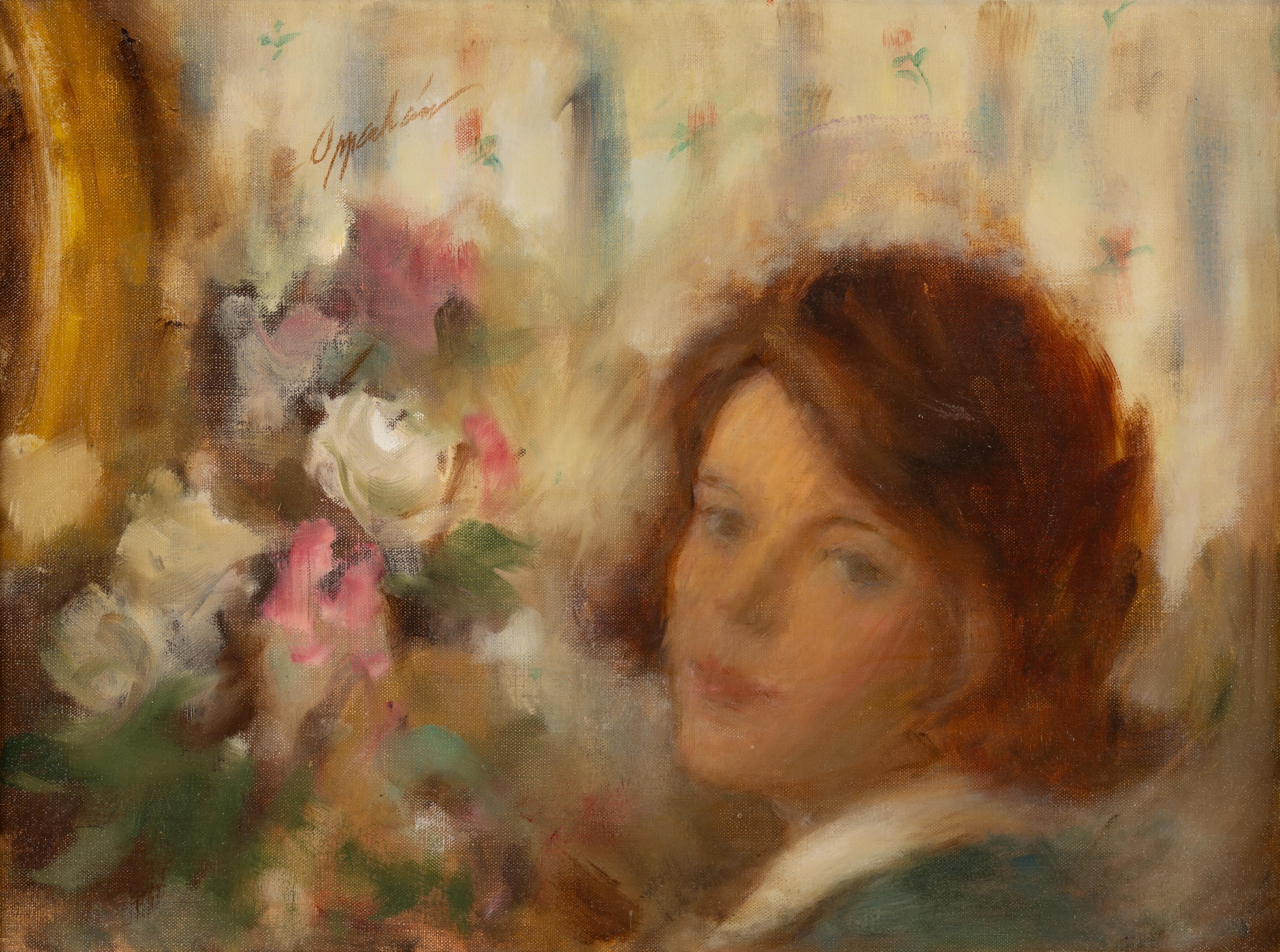 Portrait of a Woman with Flowers - Painting by Samuel Edmund Oppenheim