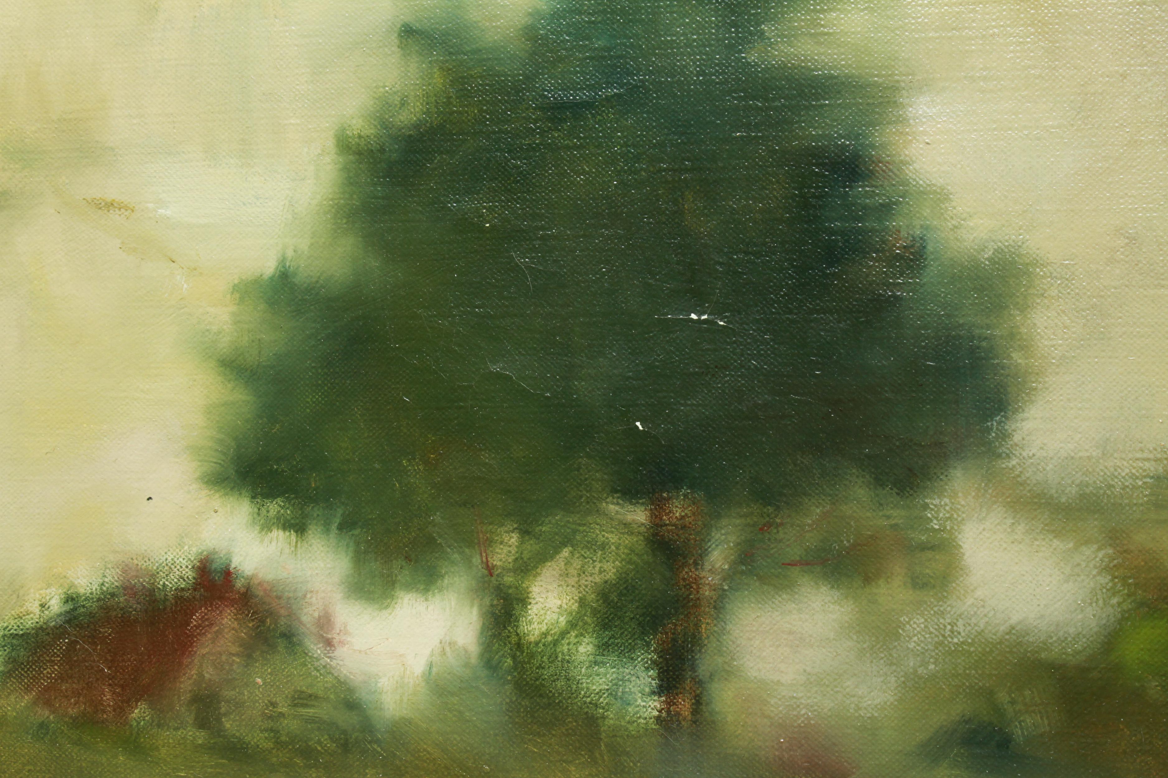 'Impressionist Landscape' framed oil painting by Samuel Edmund Oppenheim (American 1901-1992), depicting a plein-air landscape of trees on a hill. The piece is signed on the upper left corner. Relined, with a few chips of green paint loss to the
