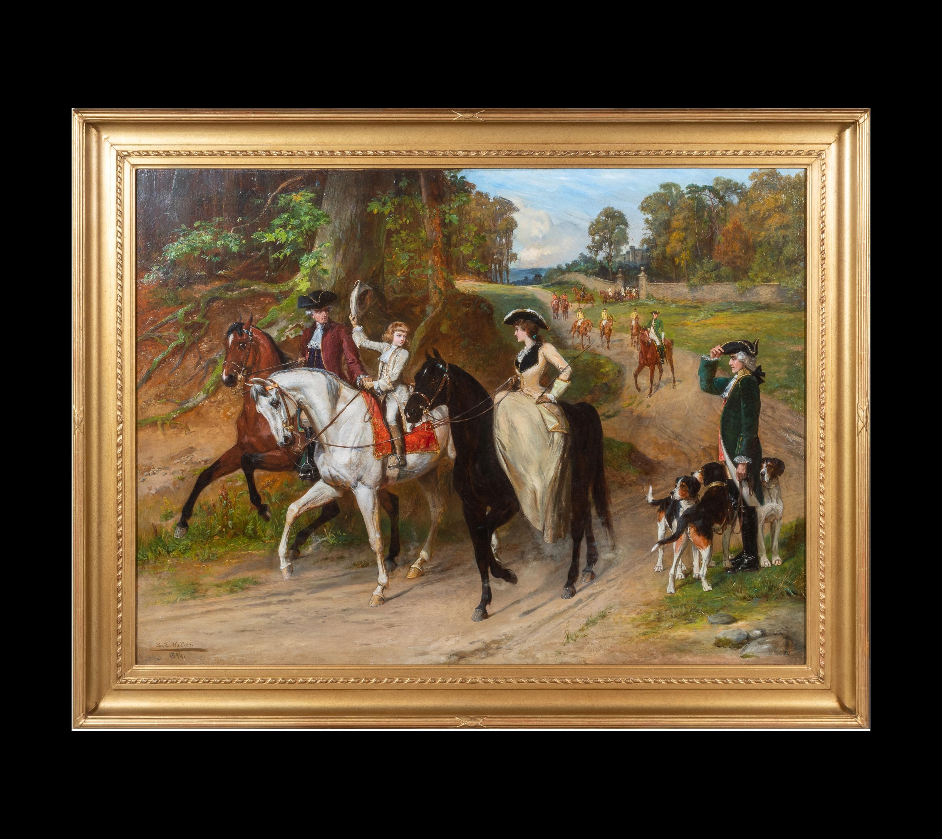 Ein galanter Gruß Impressionistisches figuratives Gemälde mit Reitern, Pferden und Jagdhunden – Painting von Samuel Edmund Waller 