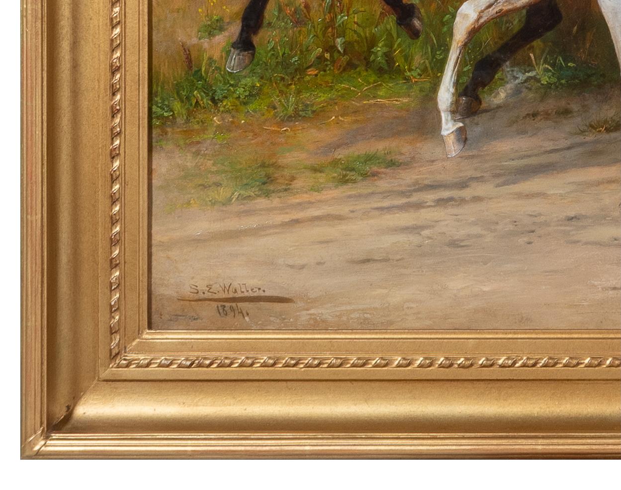 Ein galanter Gruß Impressionistisches figuratives Gemälde mit Reitern, Pferden und Jagdhunden im Angebot 1