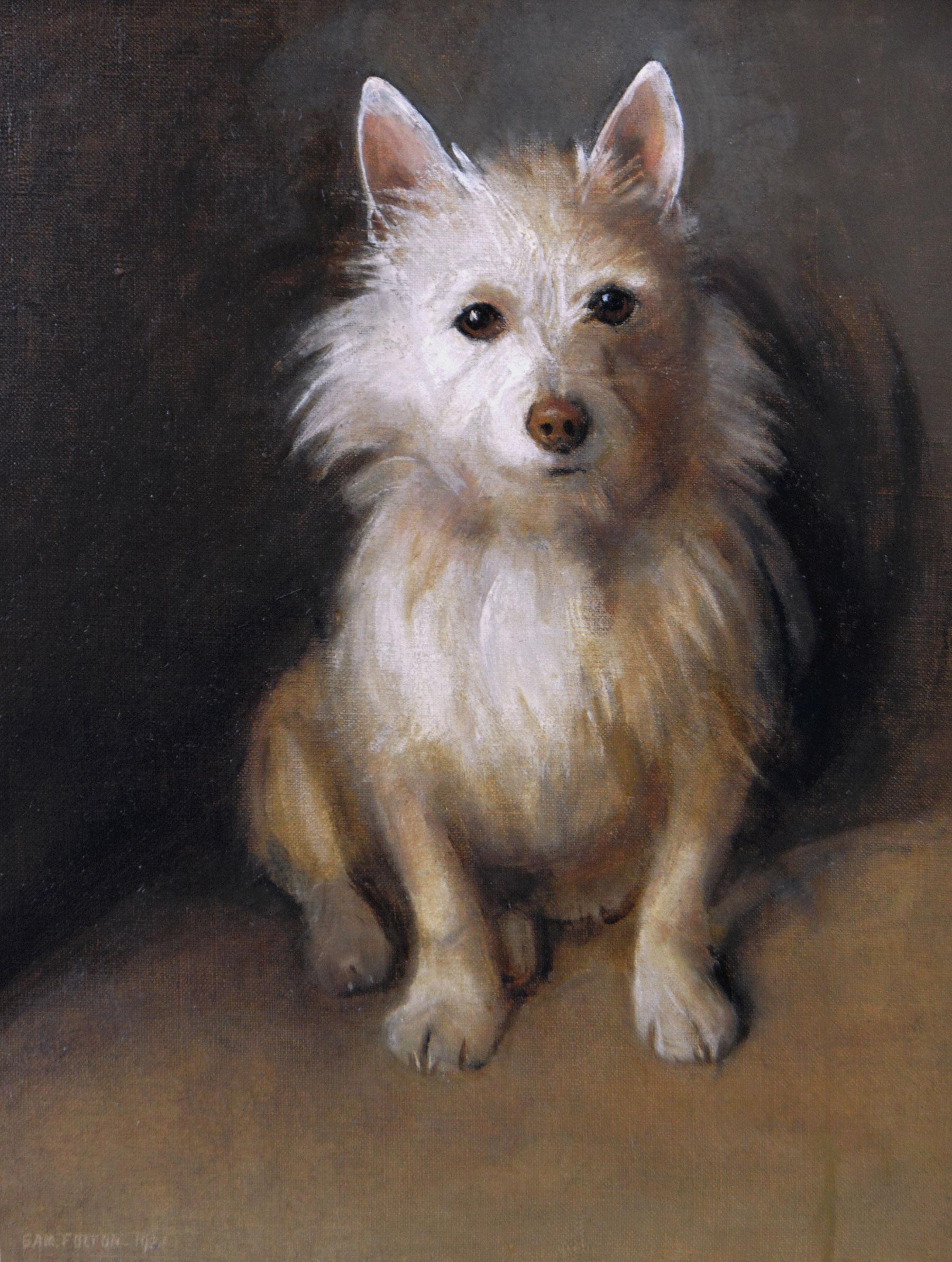Genre animal oil painting of a West Highland Terrier dog - Painting by Samuel Fulton
