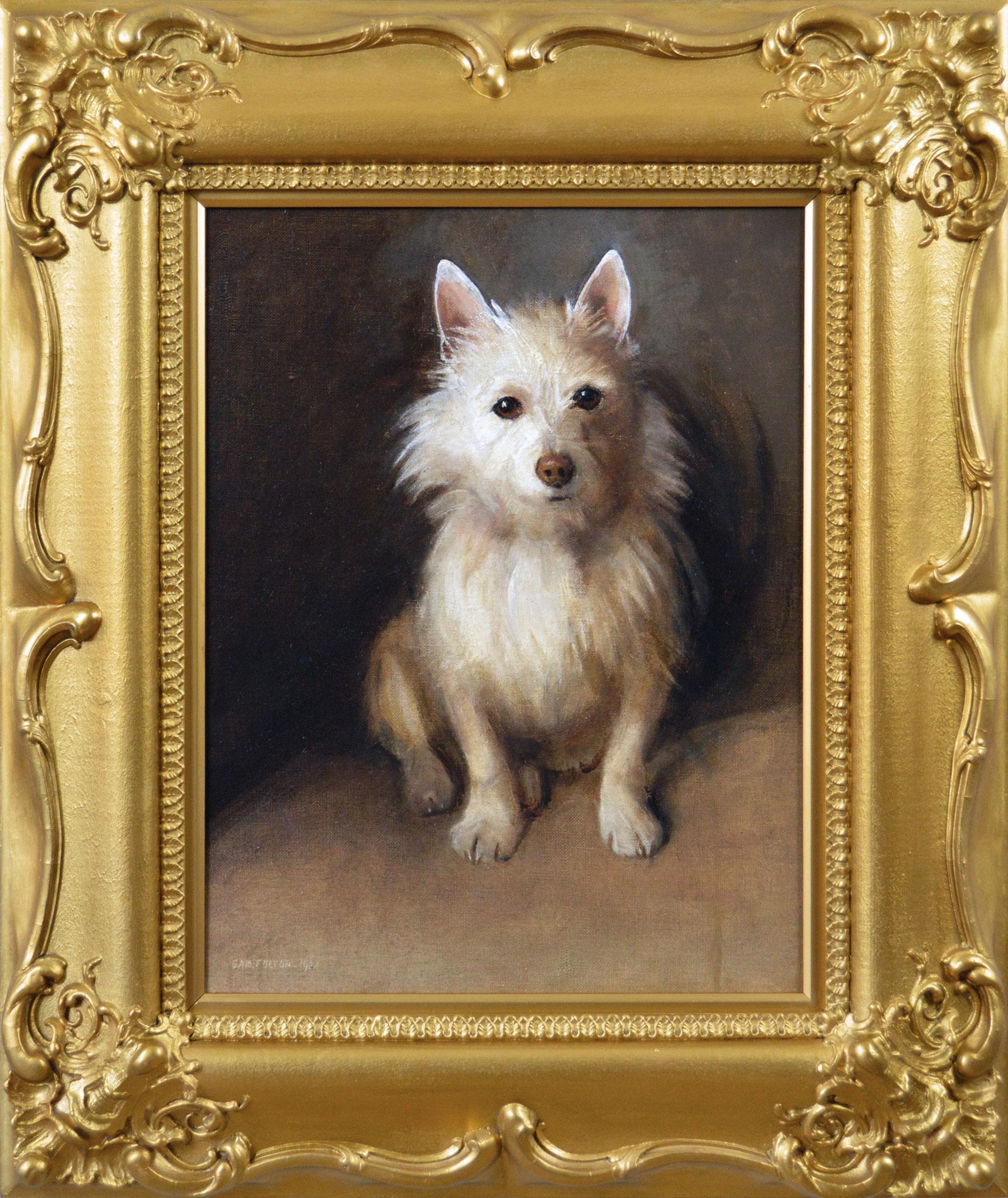 Genre animal oil painting of a West Highland Terrier dog