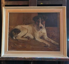 Jack Russell Terrier Dog British Oil Painting on Canvas, Antique signed original