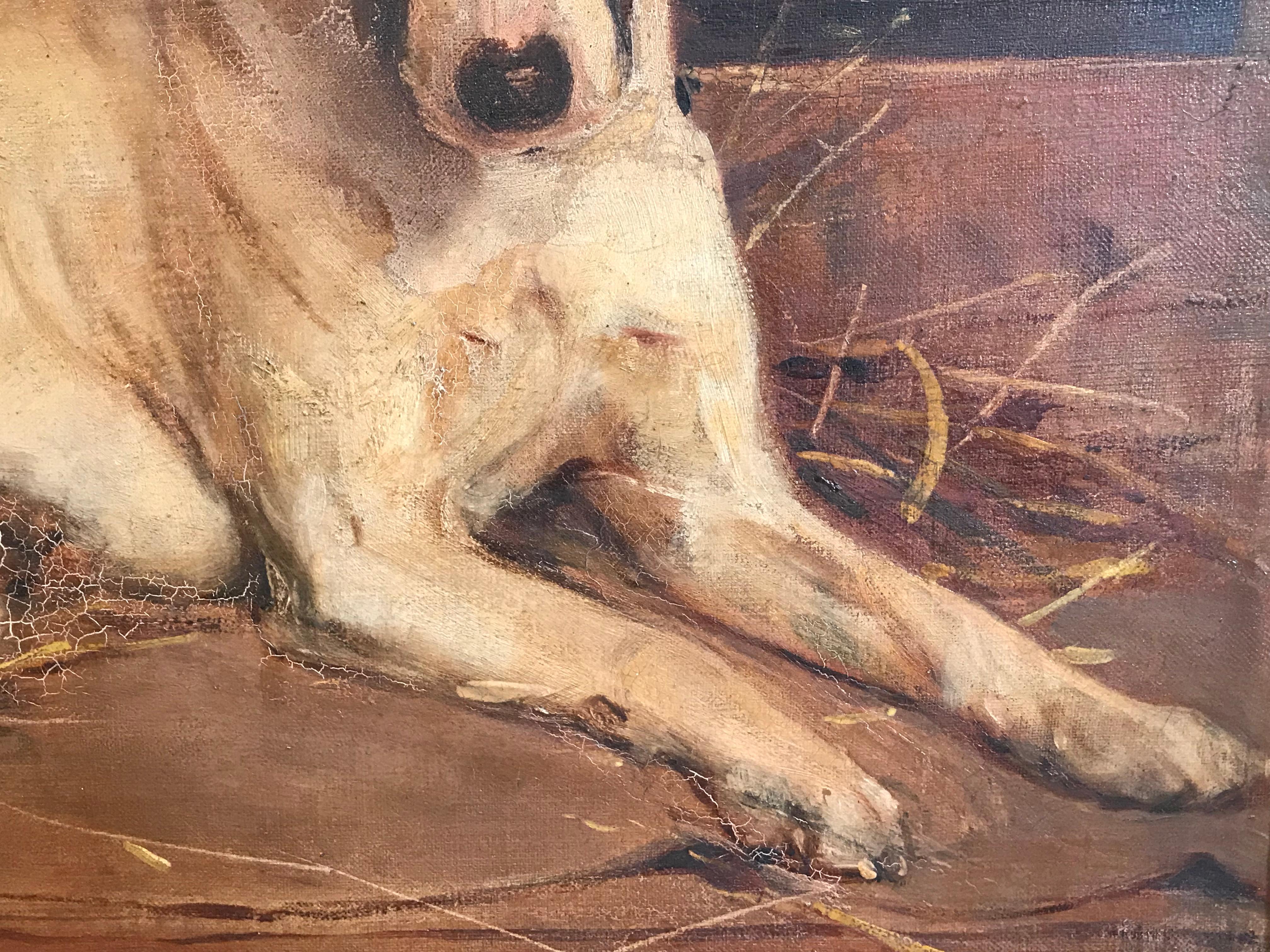 Jack Russell Terrier Dog British Oil Painting on Canvas, Antique signed original - Brown Animal Painting by Samuel Fulton