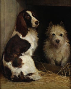 Pintura al óleo sobre lienzo Perro Spaniel y Terrier en una perrera por Samuel Fulton