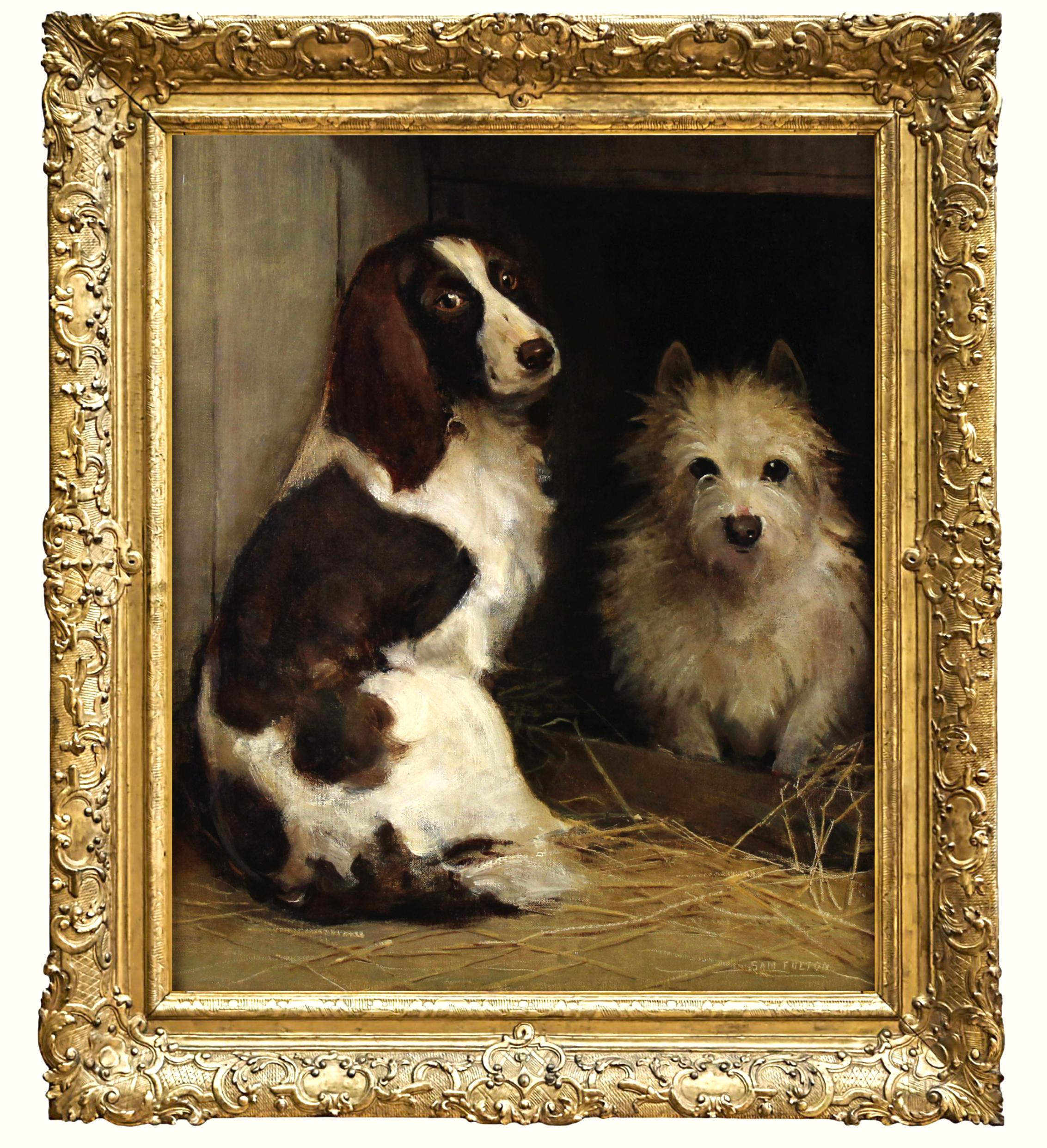 Peinture à l
huile sur toile chien Spaniel et Terrier dans une niche par Samuel Fulton