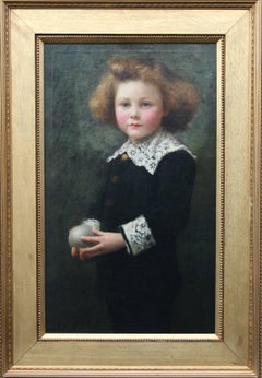 Antique Portrait of a Boy Playing Ball - British Victorian sporting art oil painting