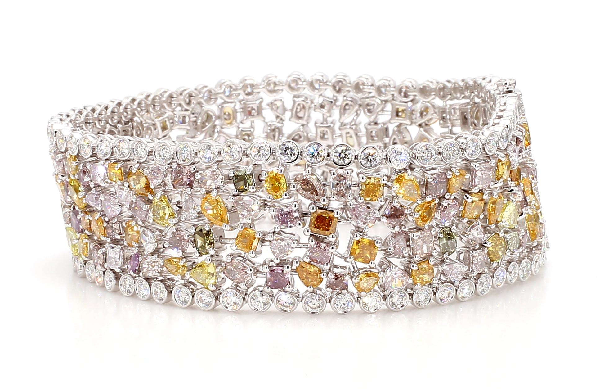 Pear Cut 24.63 Carats Fancy Color Diamond Bracelet Pink Orange Green Yellow 18K Gold For Sale