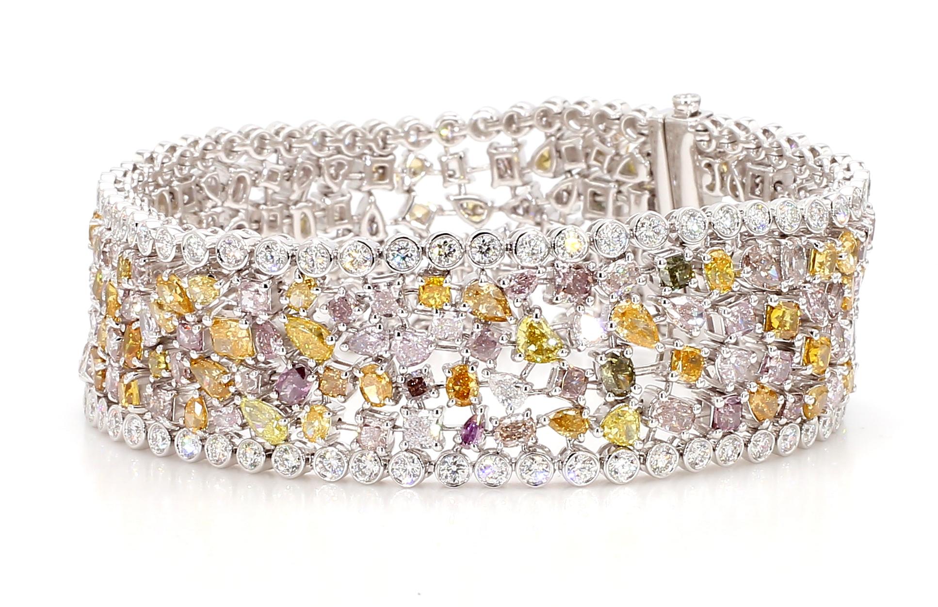 24.63 Carats Fancy Color Diamond Bracelet Pink Orange Green Yellow 18K Gold In New Condition For Sale In New York, NY