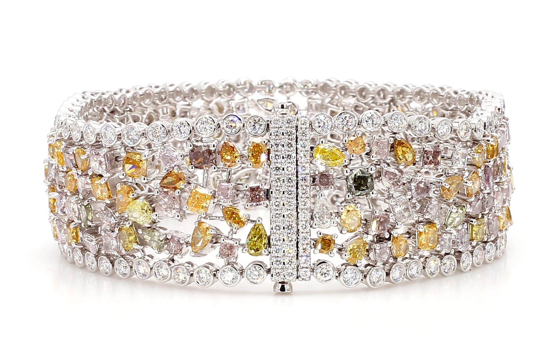 Women's 24.63 Carats Fancy Color Diamond Bracelet Pink Orange Green Yellow 18K Gold For Sale