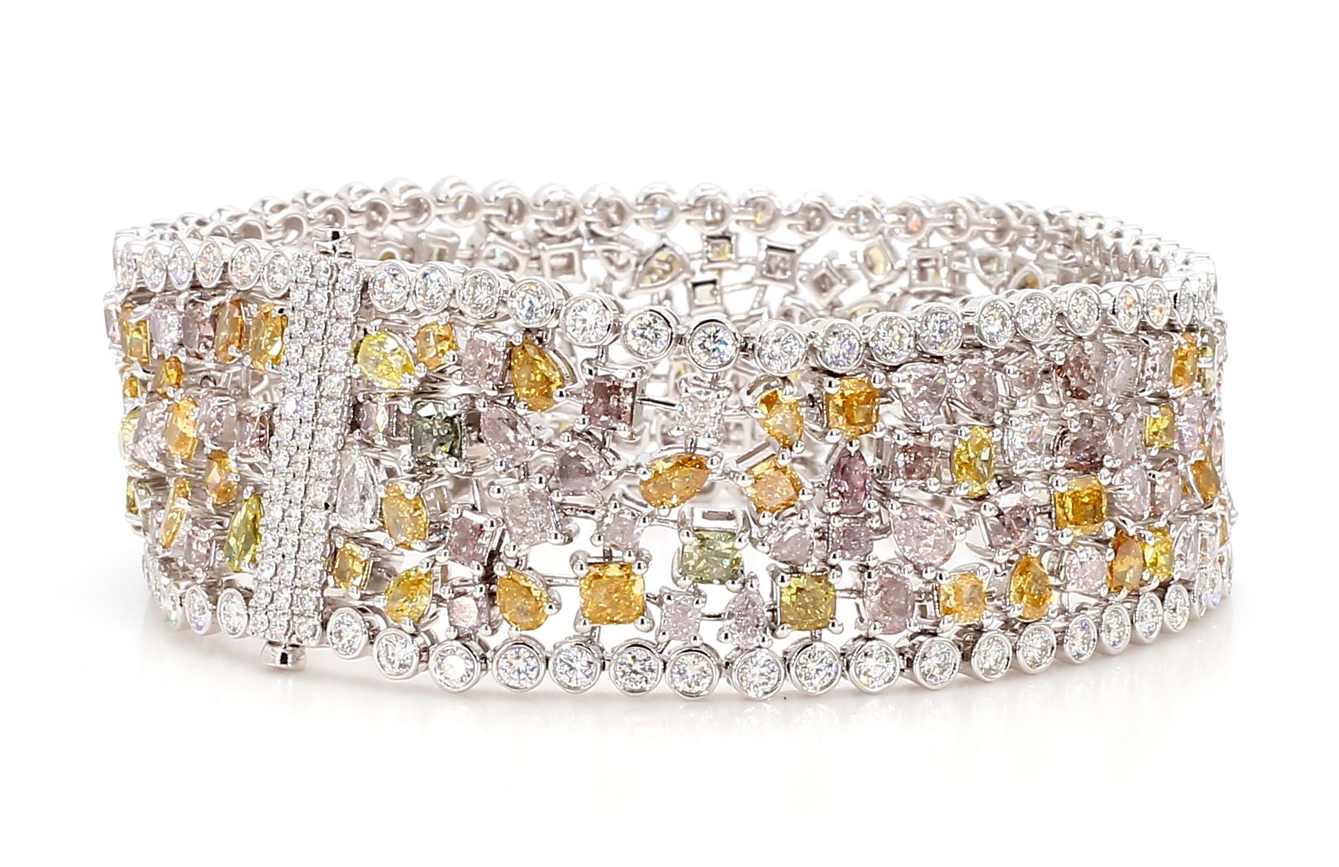 24.63 Carats Fancy Color Diamond Bracelet Pink Orange Green Yellow 18K Gold For Sale 1