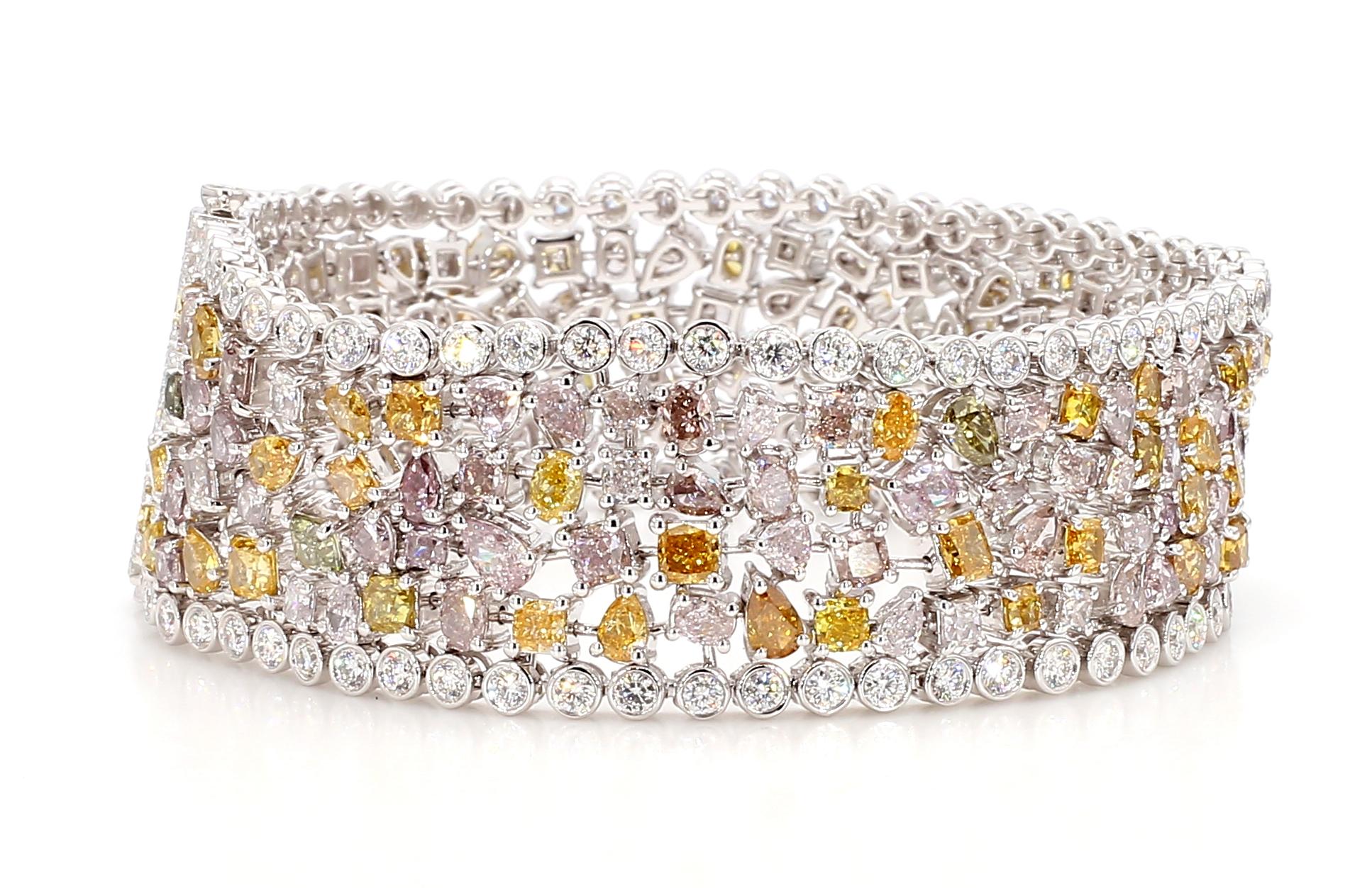 24.63 Carats Fancy Color Diamond Bracelet Pink Orange Green Yellow 18K Gold For Sale 2