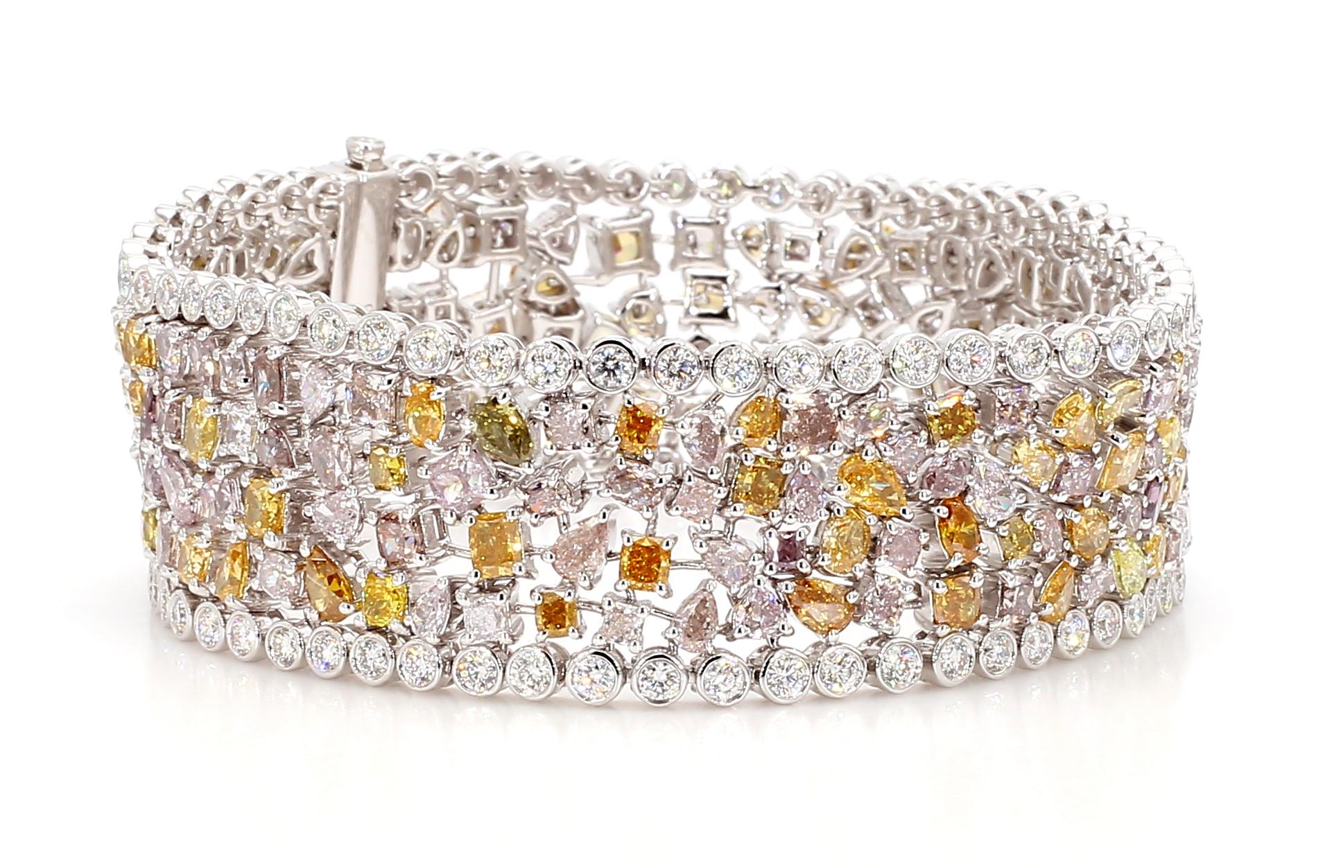 24.63 Carats Fancy Color Diamond Bracelet Pink Orange Green Yellow 18K Gold For Sale 3