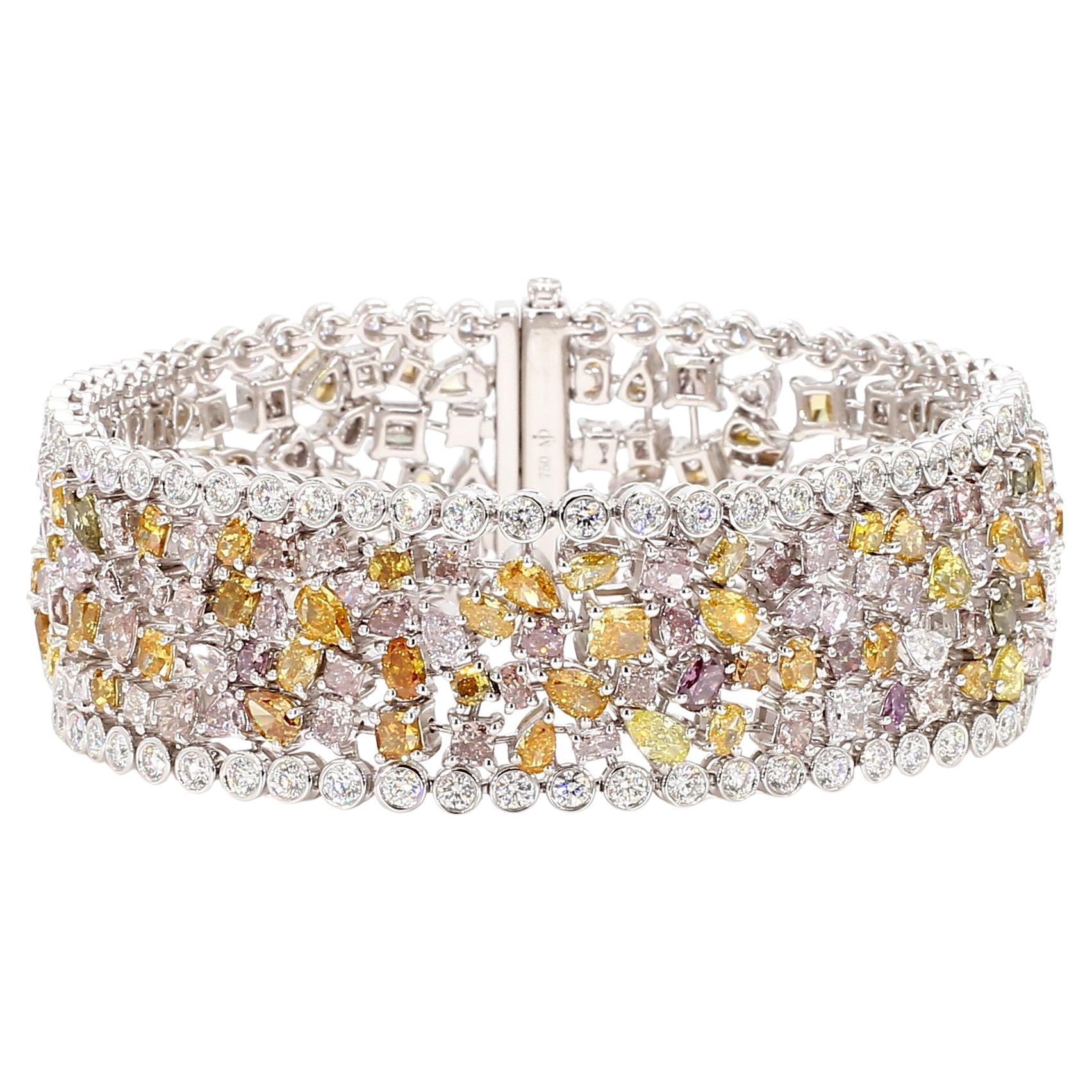 24.63 Carats Fancy Color Diamond Bracelet Pink Orange Green Yellow 18K Gold For Sale